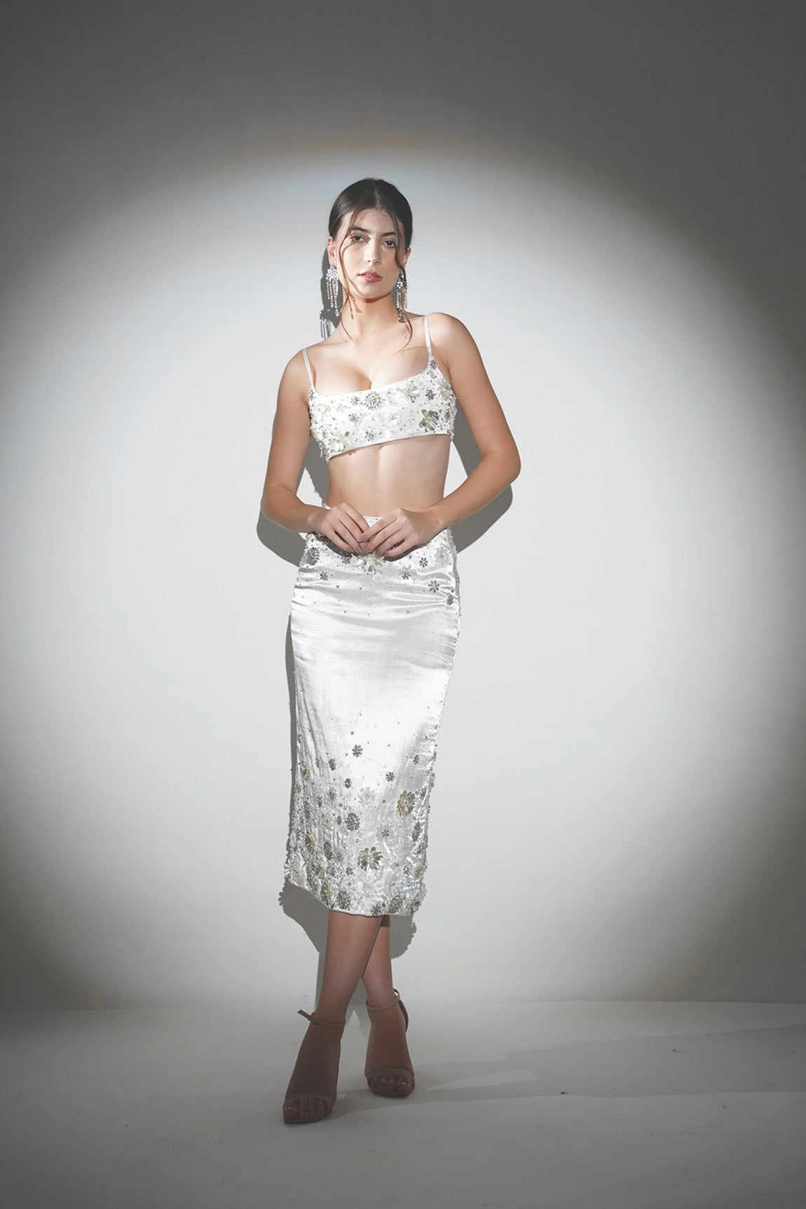 CHARLOTTE WHITE FLORAL SEQUIN EMBELLISHED SKIRT SET