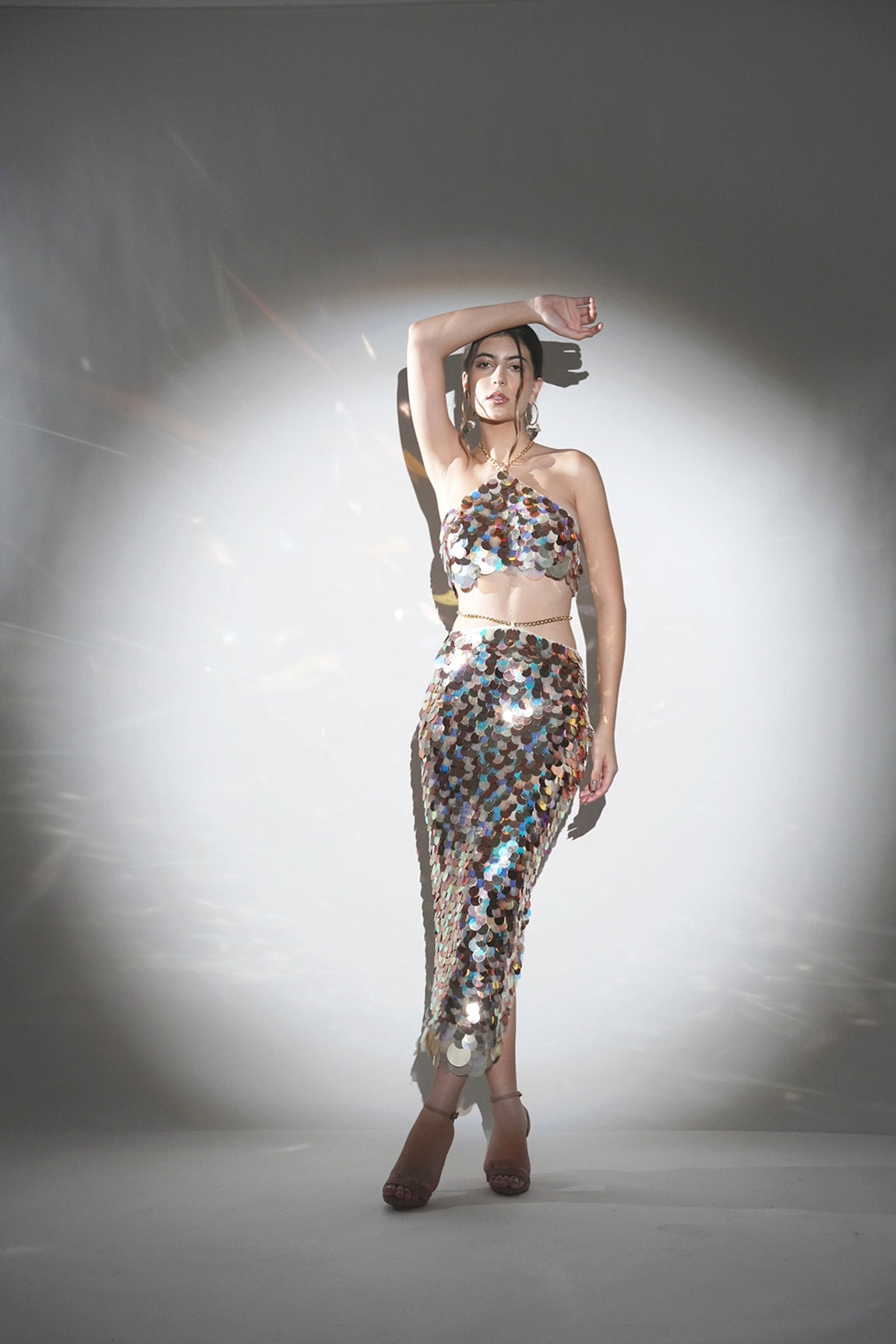 ISLA METTALIC SEQUIN HALTER CROP TOP