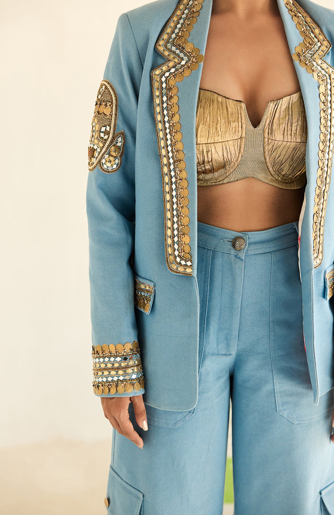 DENIM BLAZER GOLD BUSTIER WITH DENIM CARGO PANT