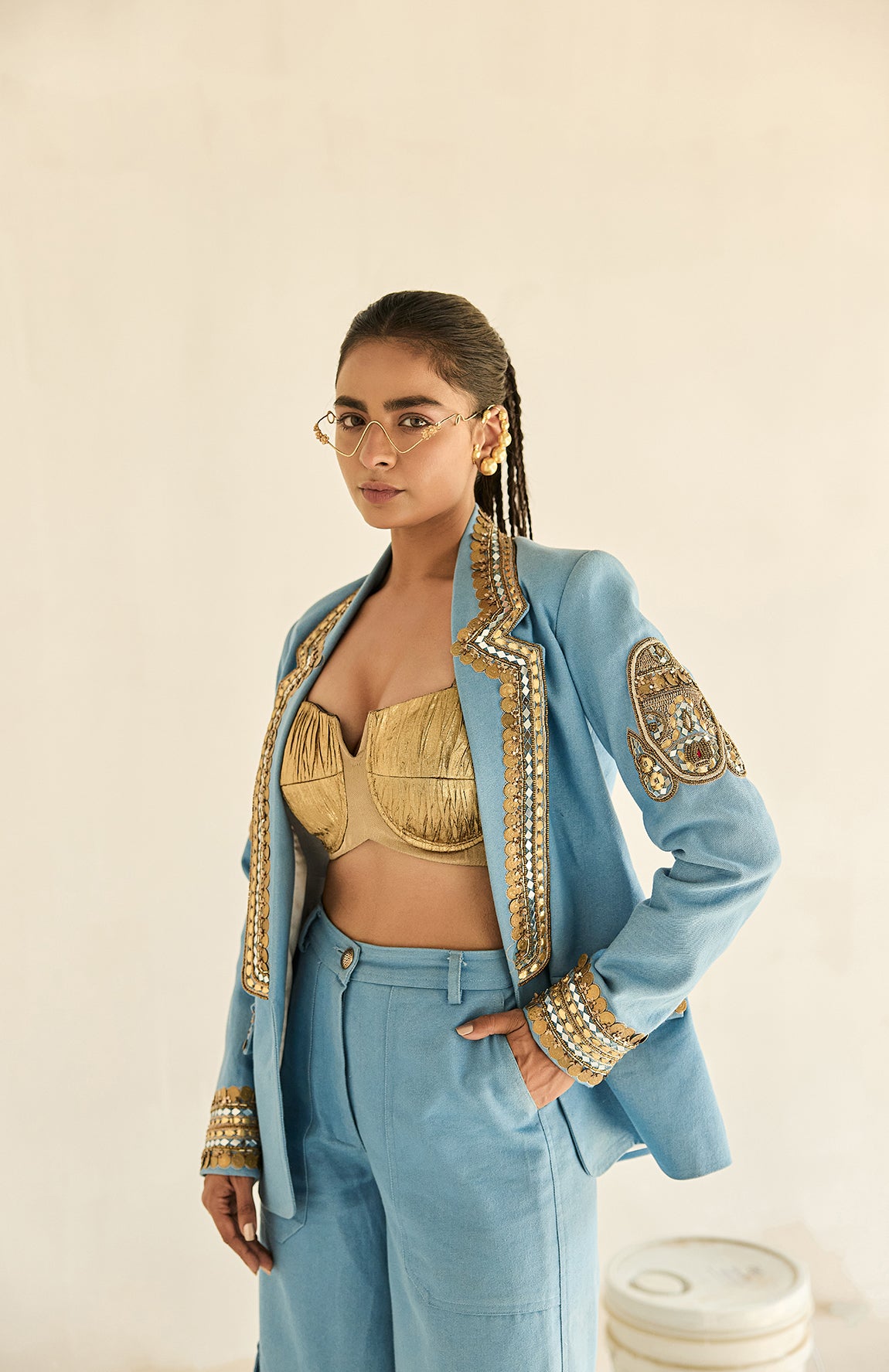 DENIM BLAZER GOLD BUSTIER WITH DENIM CARGO PANT
