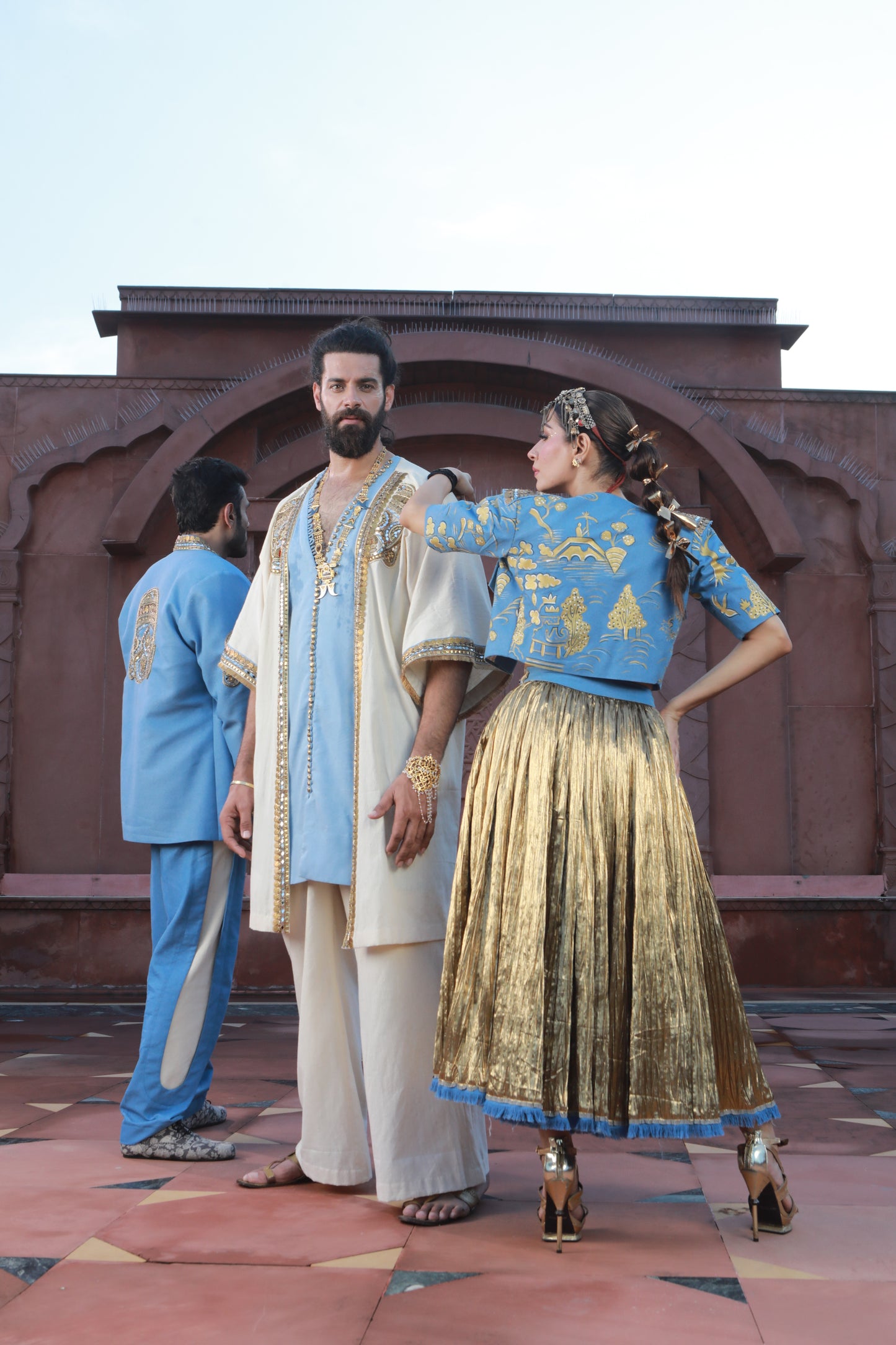 DEVI DRAPE MEN'S KHADI KIMONO KAFTAN WITH THIN DENIM AND KHADI PANTS