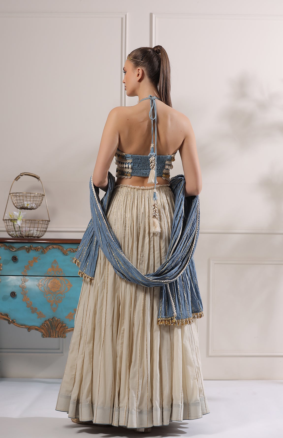 HALTER NECK CROP TOP WITH MAL LEHANGA AND CRUSHED COTTON DUPATTA