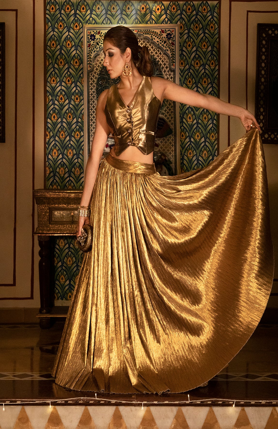 GOLD WAIST COAT AND GOLD LEHANGA