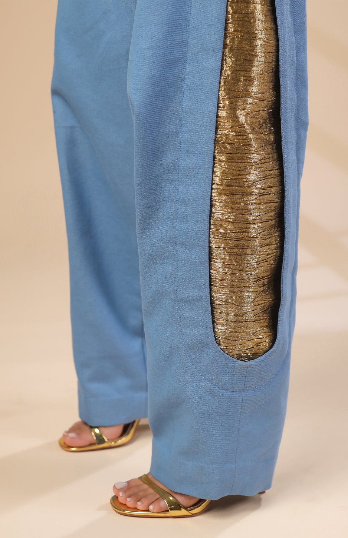 DENIM CROP JACKET WITH GOLD AND IVORY PLEATED CORSET WITH DENIM PANT
