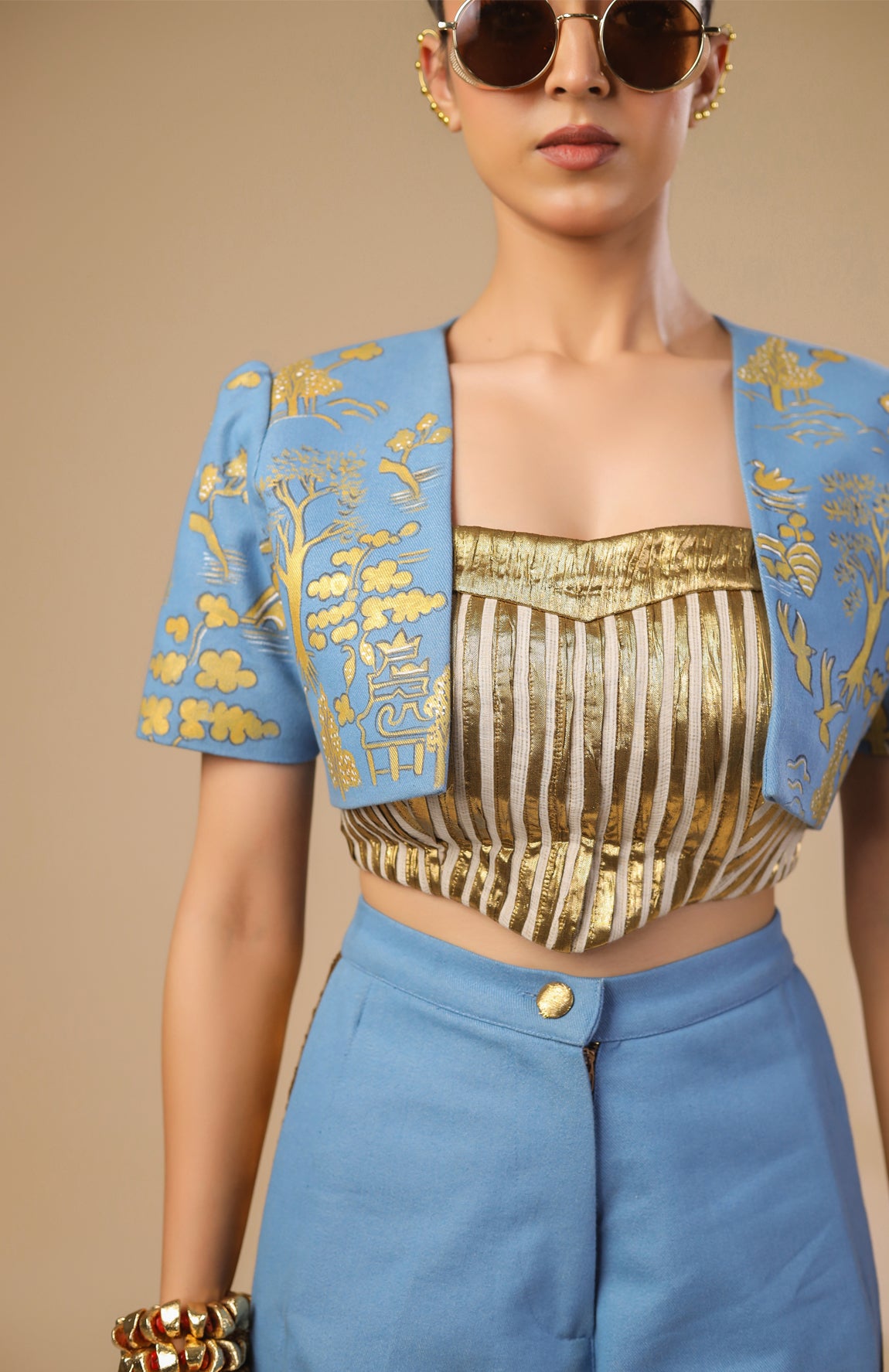 DENIM CROP JACKET WITH GOLD AND IVORY PLEATED CORSET WITH DENIM PANT