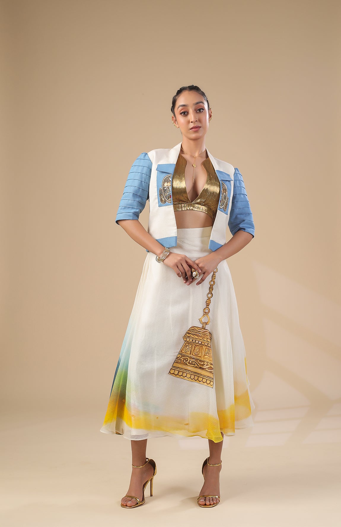 KOTA DORIA JACKET GOLD BRALETTE WITH KOTA DORIA SKIRT