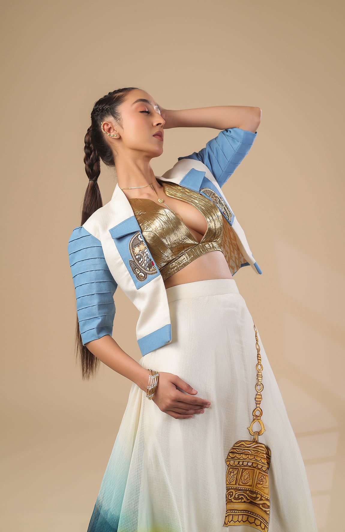 KOTA DORIA JACKET GOLD BRALETTE WITH KOTA DORIA SKIRT