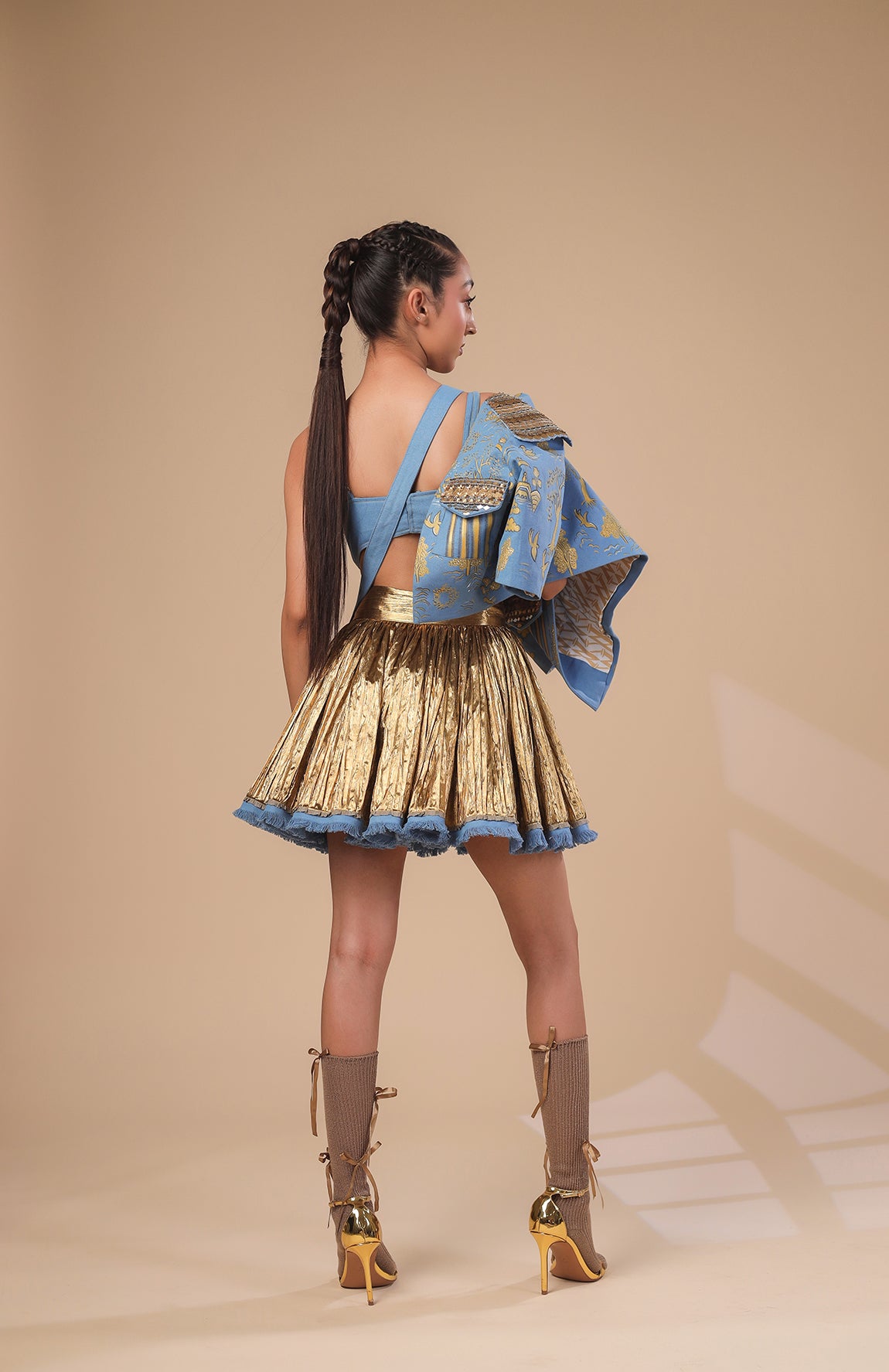 DENIM CROP JACKET WITH DENIM CORSET AND GOLD SKIRT