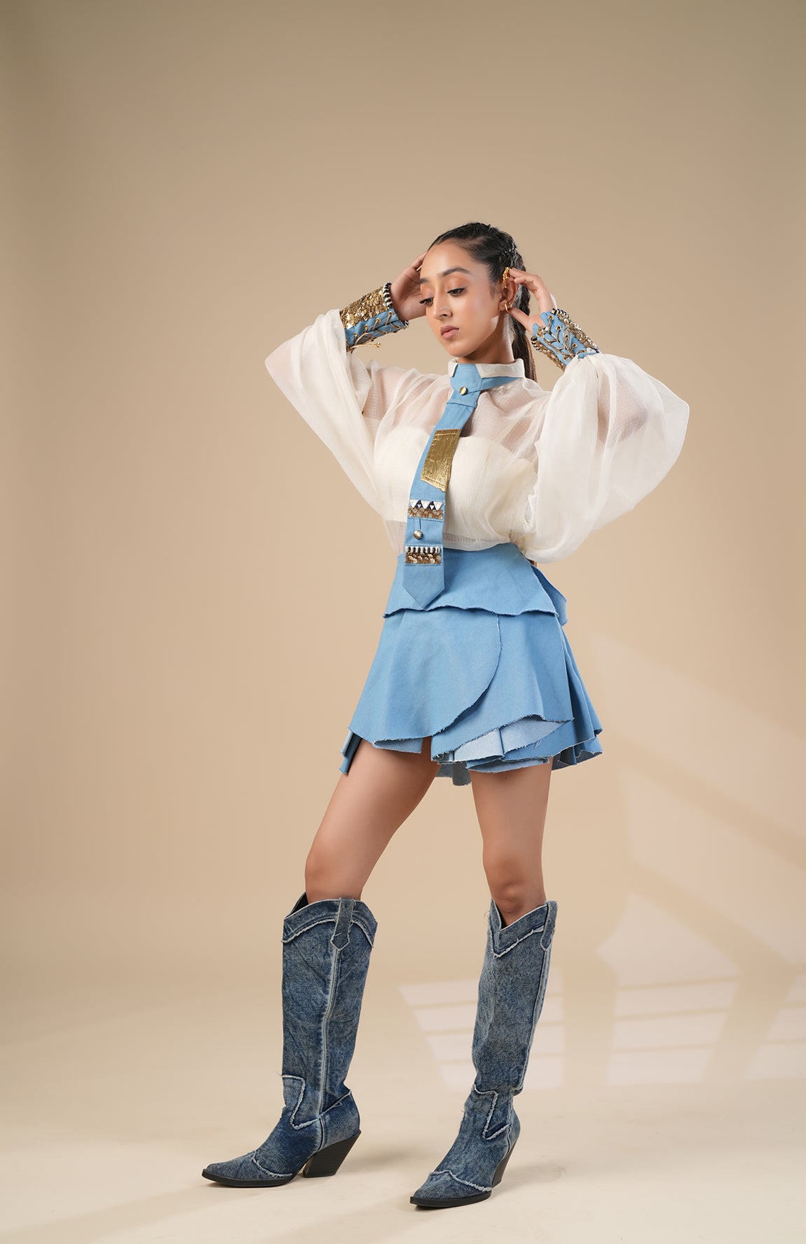 DENIM SKIRT WITH KOTA DORIA SHIRT AND CUFF AND TIE