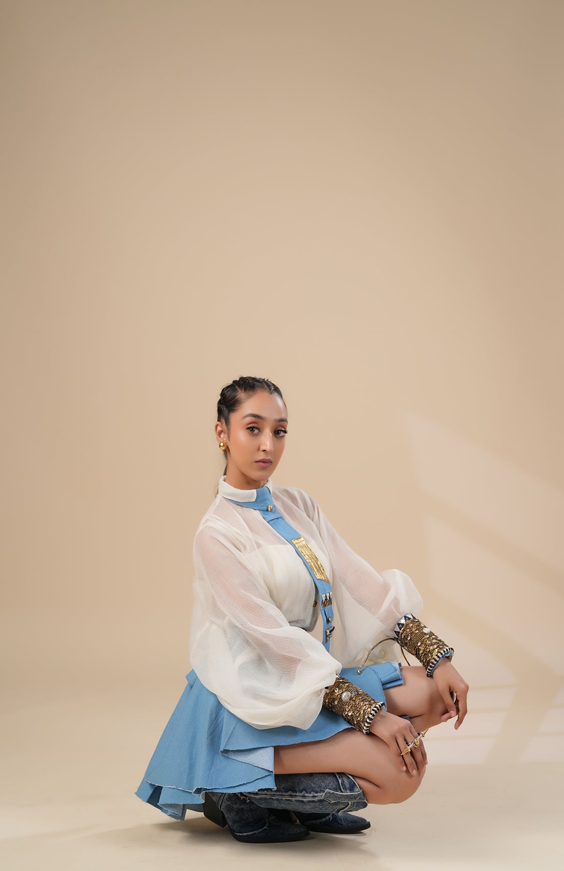 DENIM SKIRT WITH KOTA DORIA SHIRT AND CUFF AND TIE