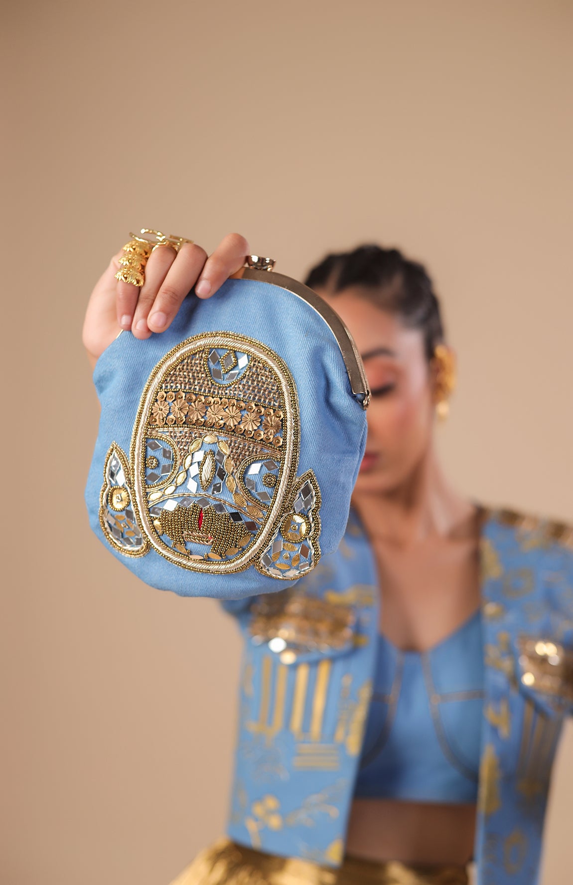 DENIM BAG WITH HAND EMBELLISHMENT