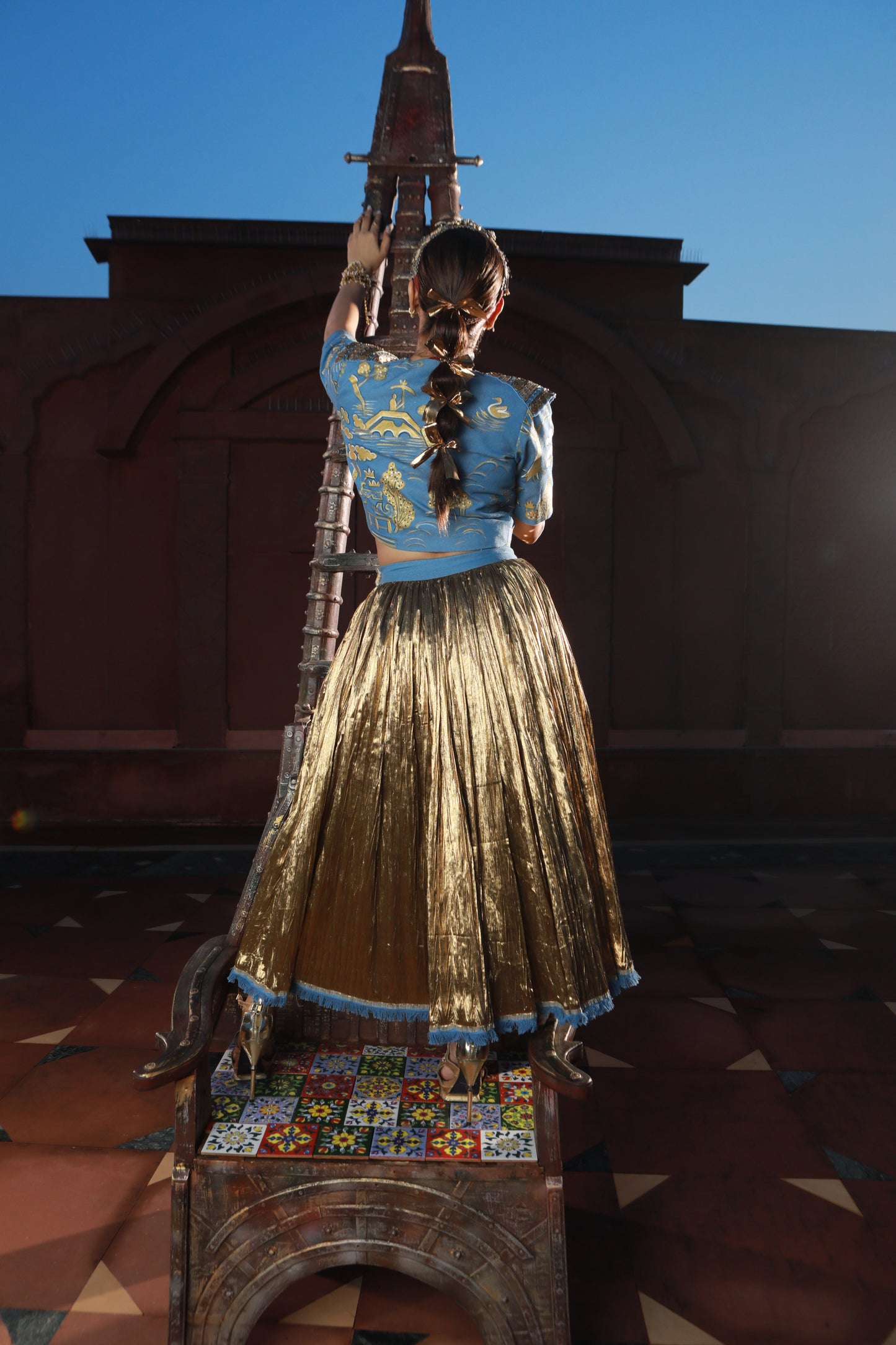 DEVI DRAPE HAND PAINTED JACKET WITH DENIM BUSTIER WITH GOLD SKIRT