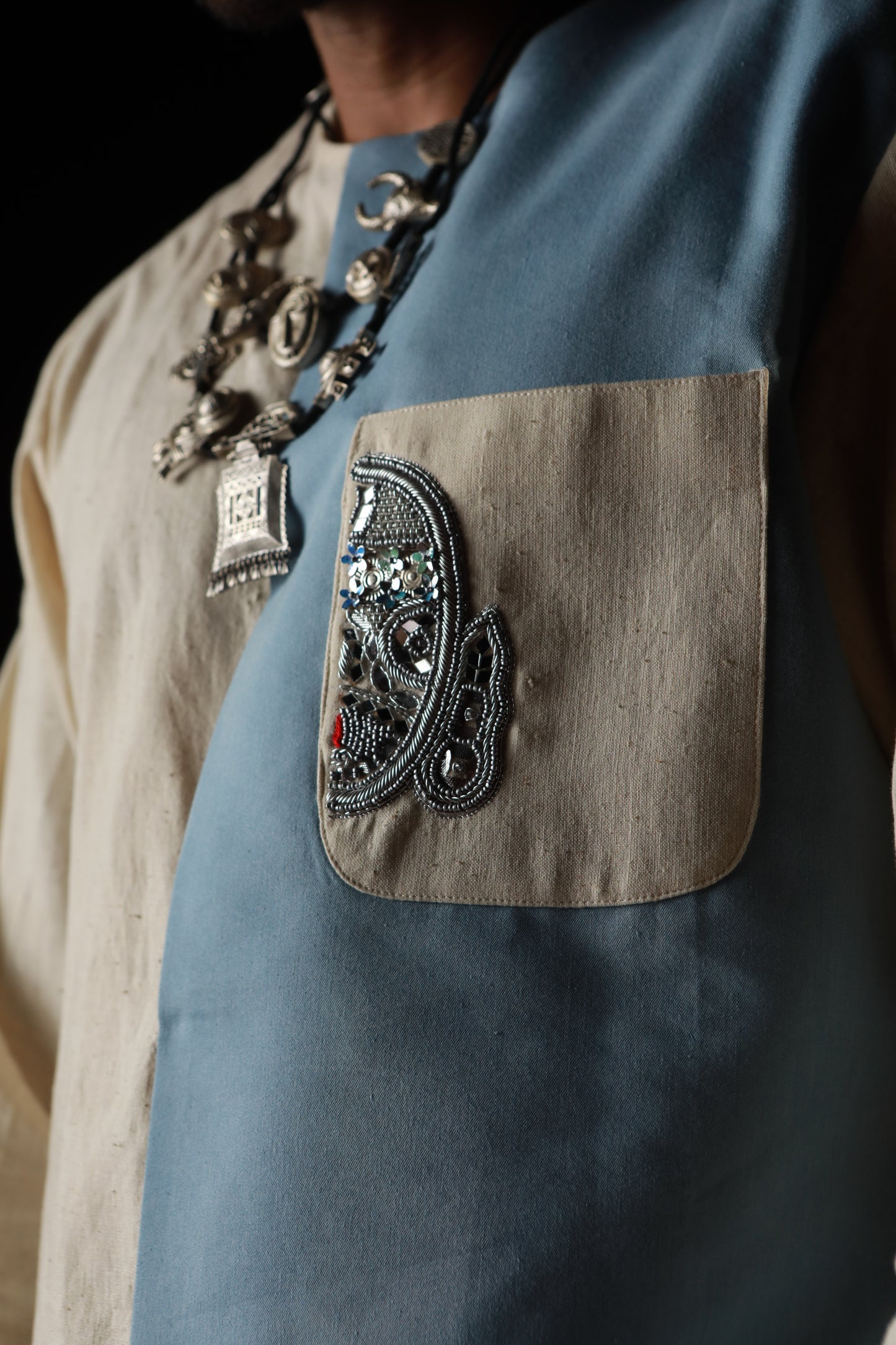 DEVI DRAPE MEN'S KHADI AND DENIM PANELED KURTA WITH DENIM PANTS