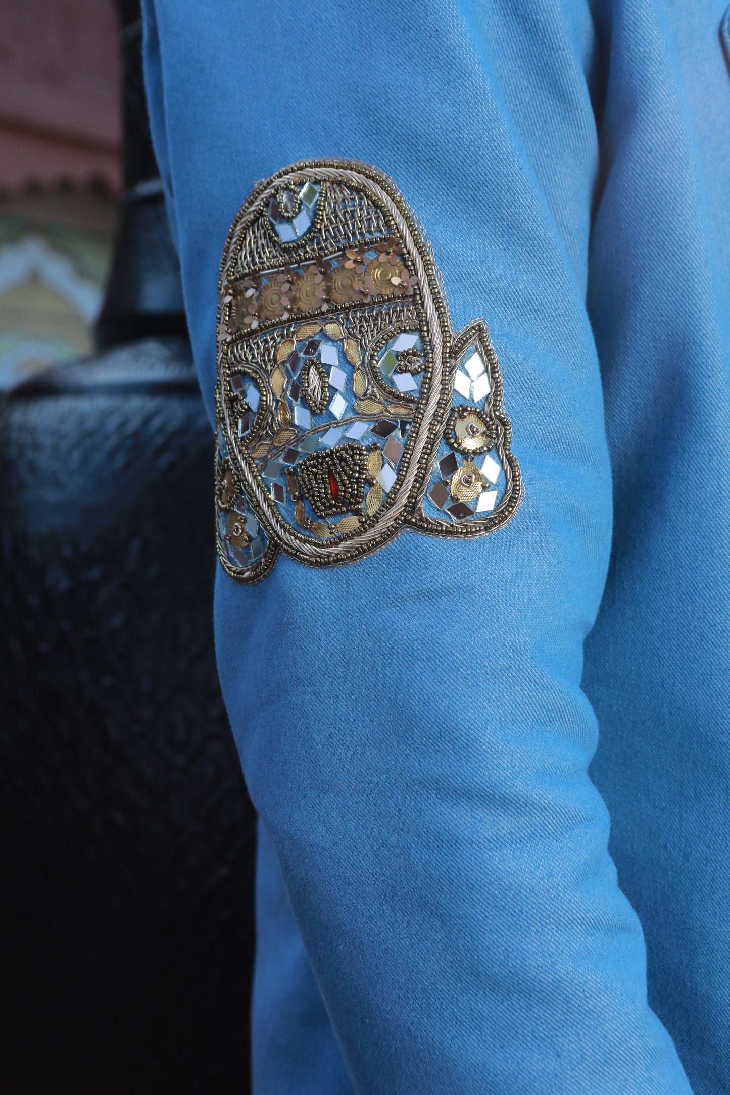 DEVI DRAPE DENIM BLAZER AND KOTA DORIA SHIRT WITH DENIM PANTS