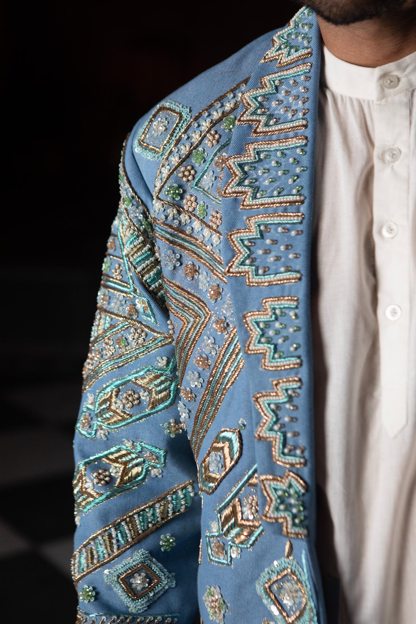 DEVI DRAPE DENIM MEN'S EMBELLISHED BLAZER WITH KURTA AND PAJAMA