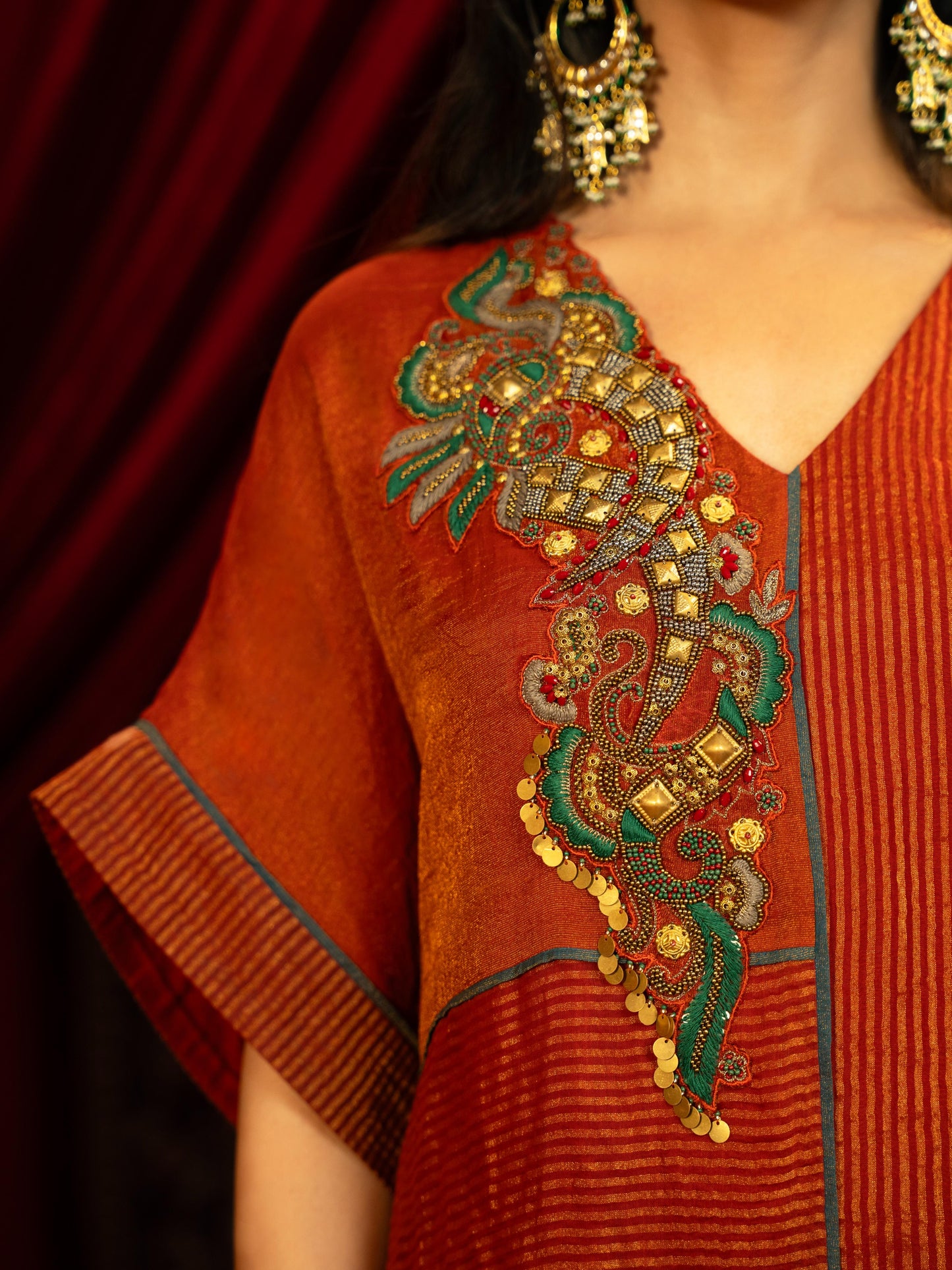 CRIMSON RED KAFTAN KURTA SET WITH FLARED ASYMMETRIC PANTS