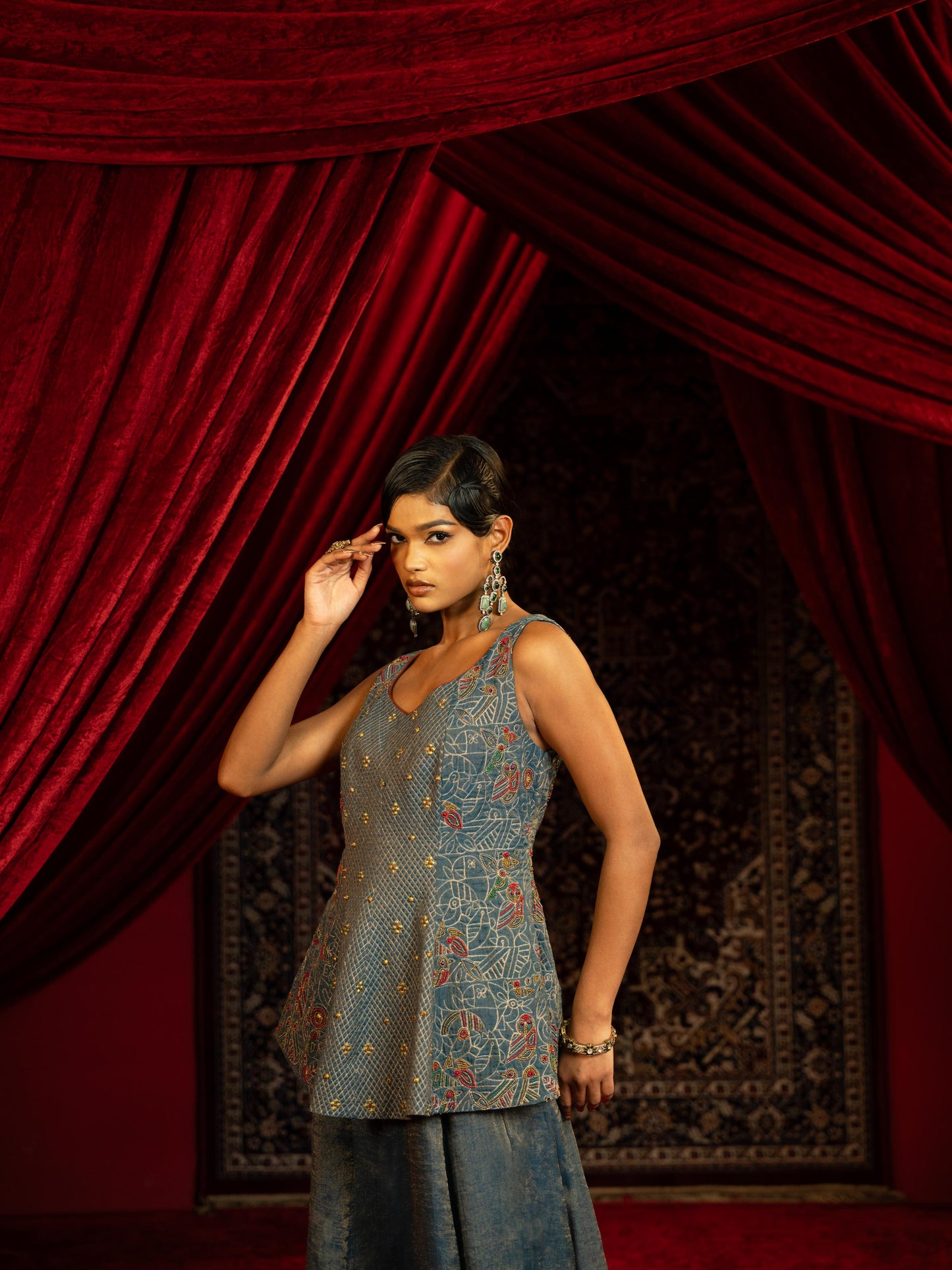 MIDNIGHT BLUE QUILTED PEPLUM KURTA WITH SHARARA PANT