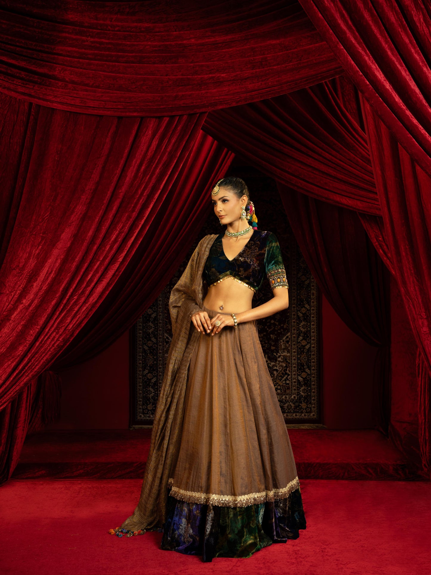 TAN BROWN TISSUE LEHENGA WITH PRINTED VELVET BORDER, VELVET BLOUSE & STRIPED DUPATTA