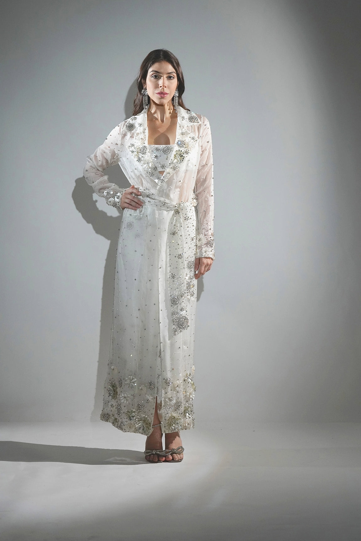CHARLOTTE WHITE FLORAL SEQUIN EMBELLISHED TRENCH COAT