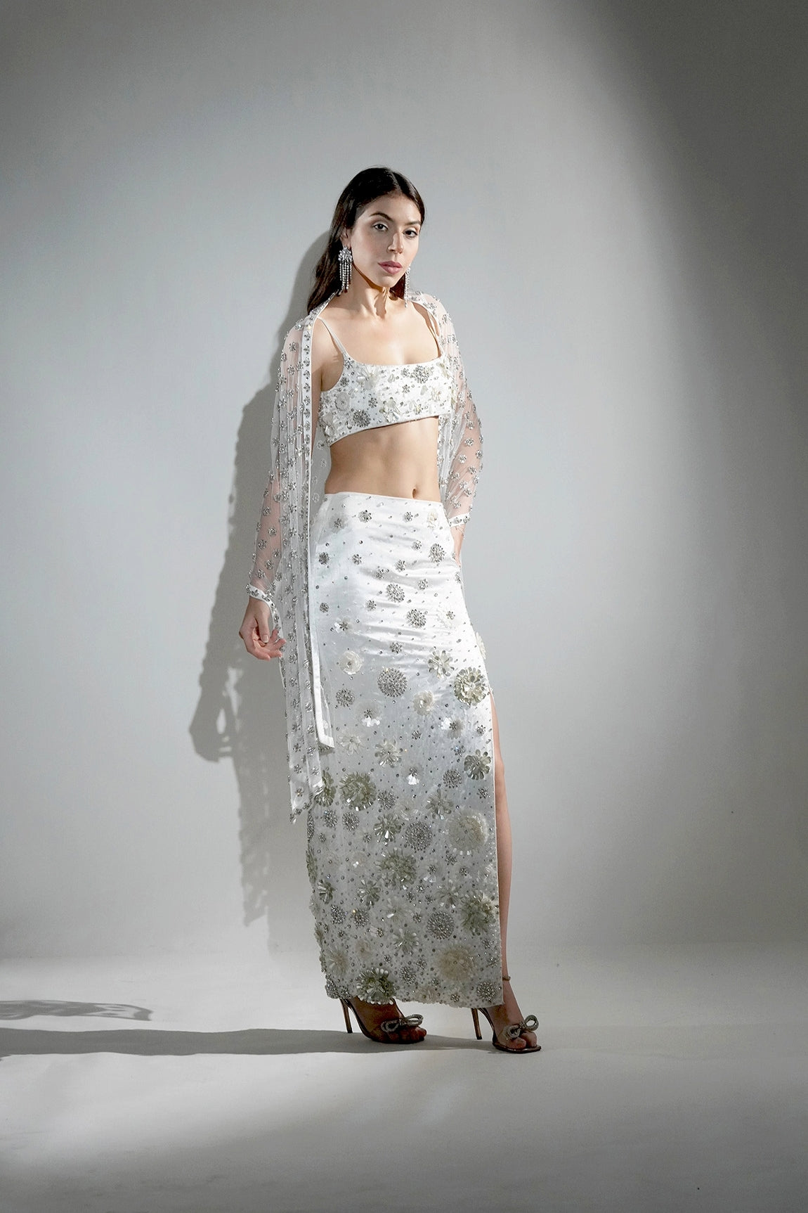 CHARLOTTE WHITE FLORAL SEQUIN EMBELLISHED MAXI SKIRT SET