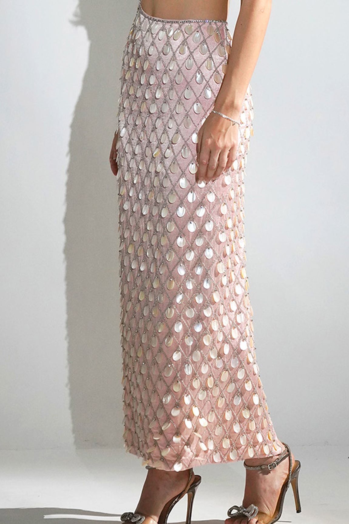 MADELINE SALMON PEACH MOTHER OF PEARL EMBELLISHED MAXI DRESS