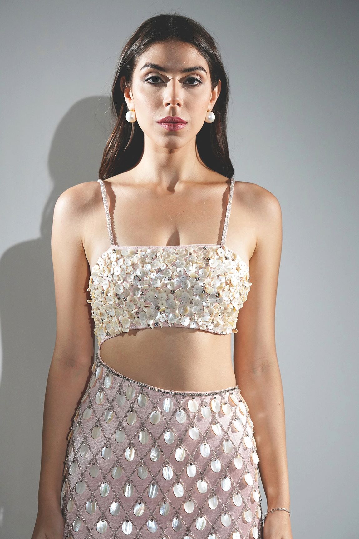 MADELINE SALMON PEACH MOTHER OF PEARL EMBELLISHED MAXI DRESS