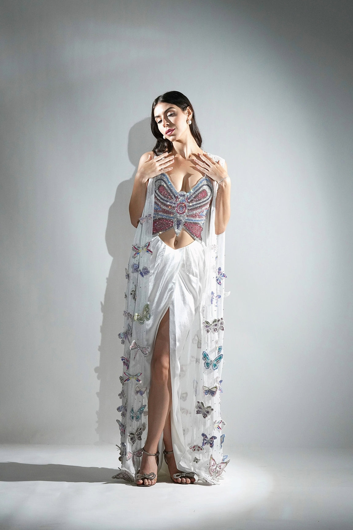 ARIEL 3D RHINESTONE EMBELLISHED BUTTERFLY CAPE THREE - PIECE CO-ORD SET