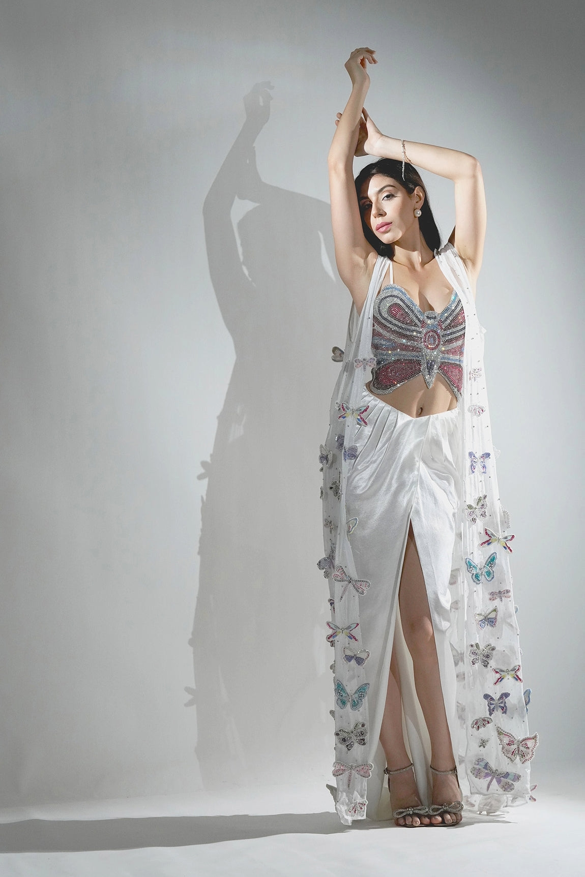 ARIEL 3D RHINESTONE EMBELLISHED BUTTERFLY CAPE THREE - PIECE CO-ORD SET