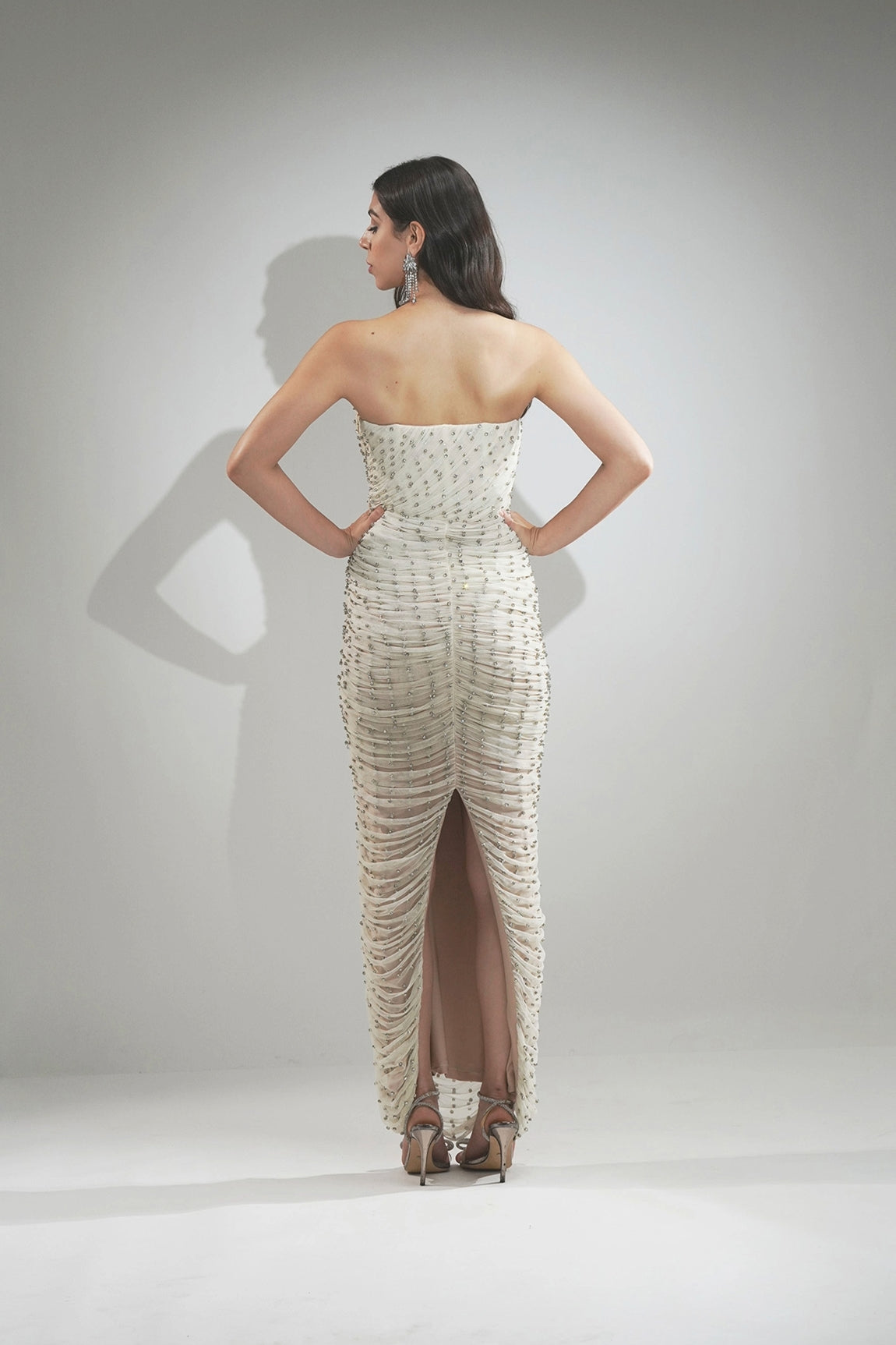 DELILAH OFF WHITE CRYSTAL EMBELLISHED MAXI DRAPE DRESS