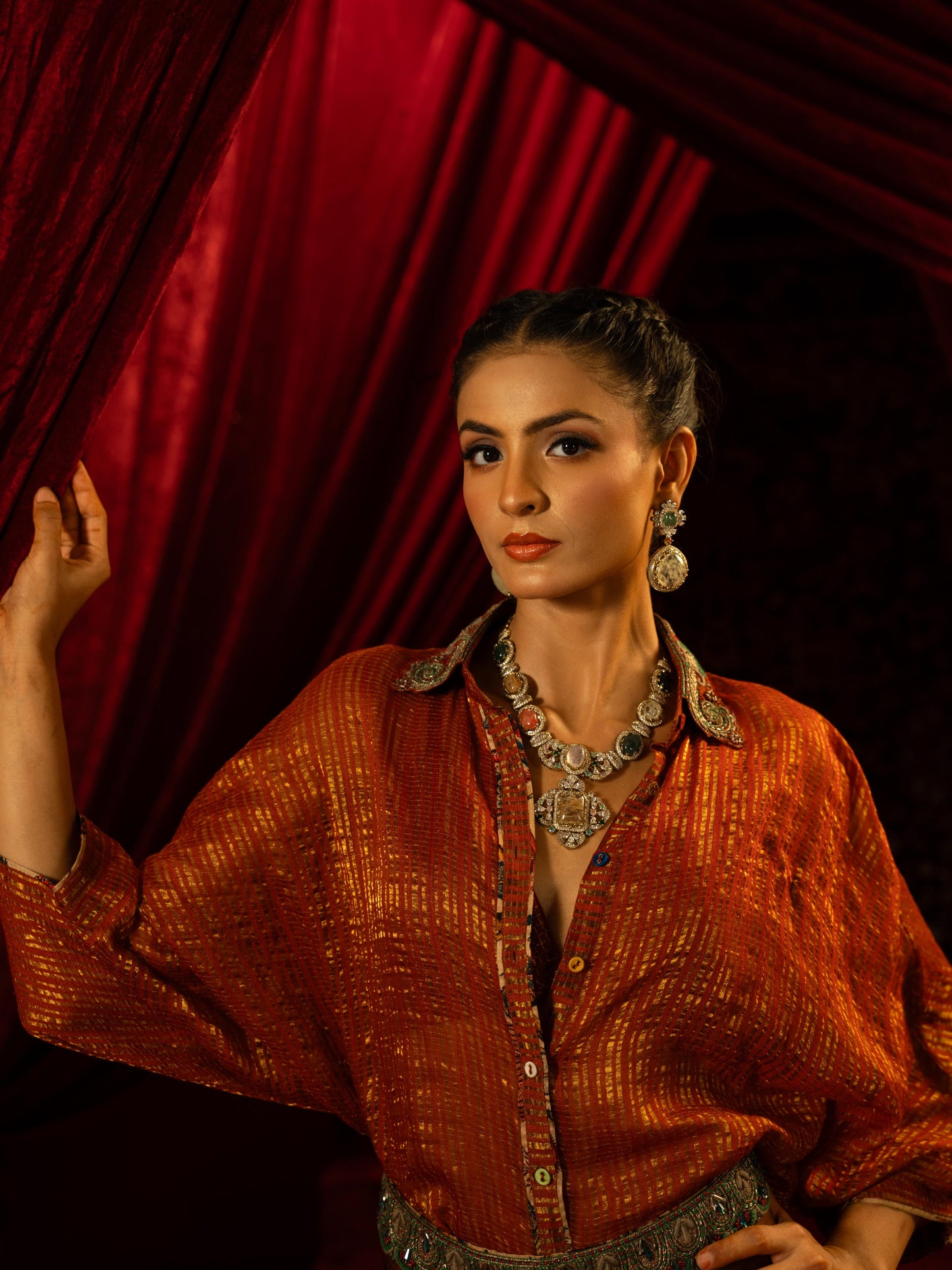 MOCHA MOUSSE DRAPE DHOTI SKIRT WITH RUST BOHO SHIRT
