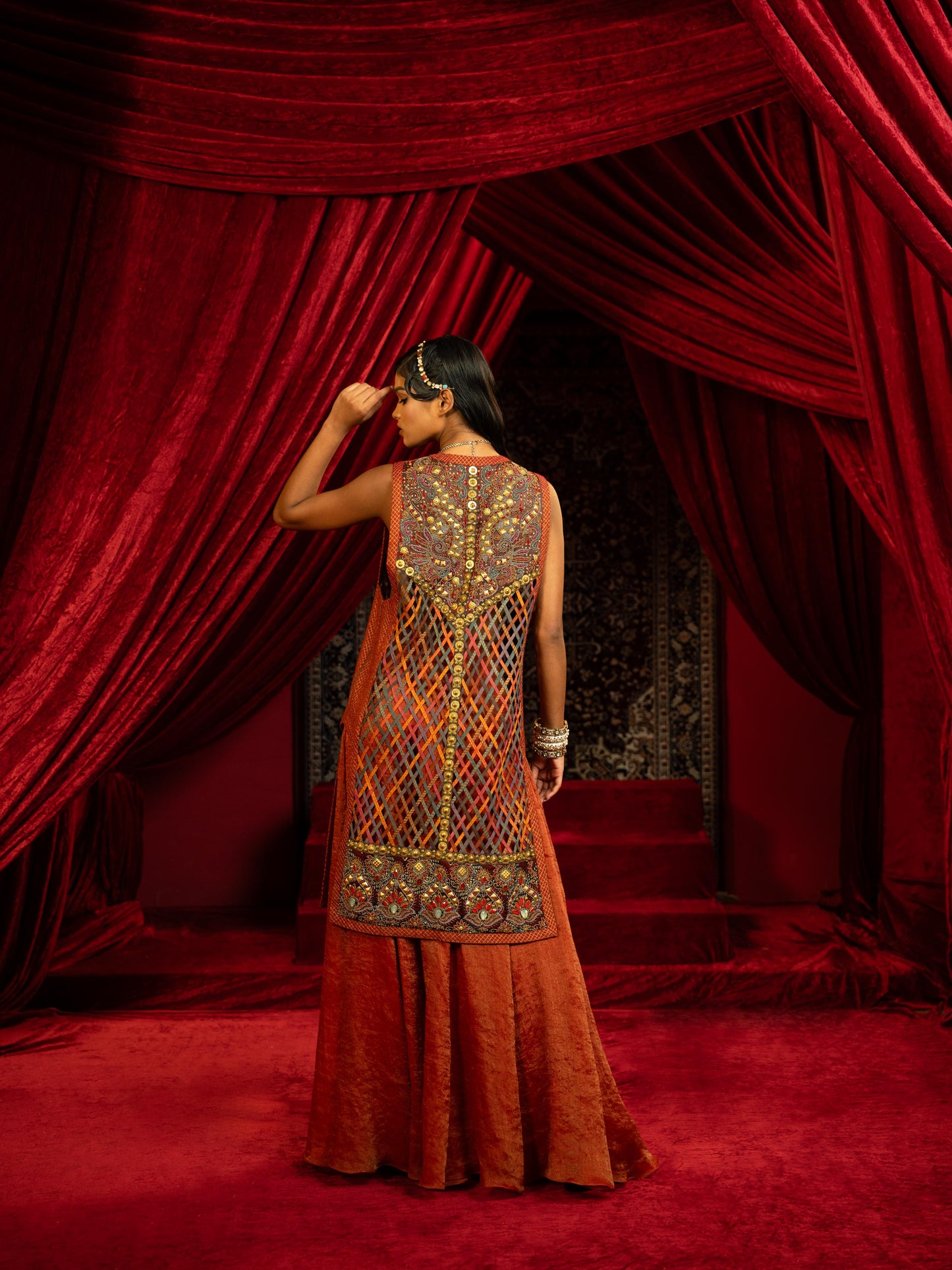 MULTICOLOUR JALIDAR EMBROIDERED LONG JACKET WITH CRIMSON SHARARA PANTS