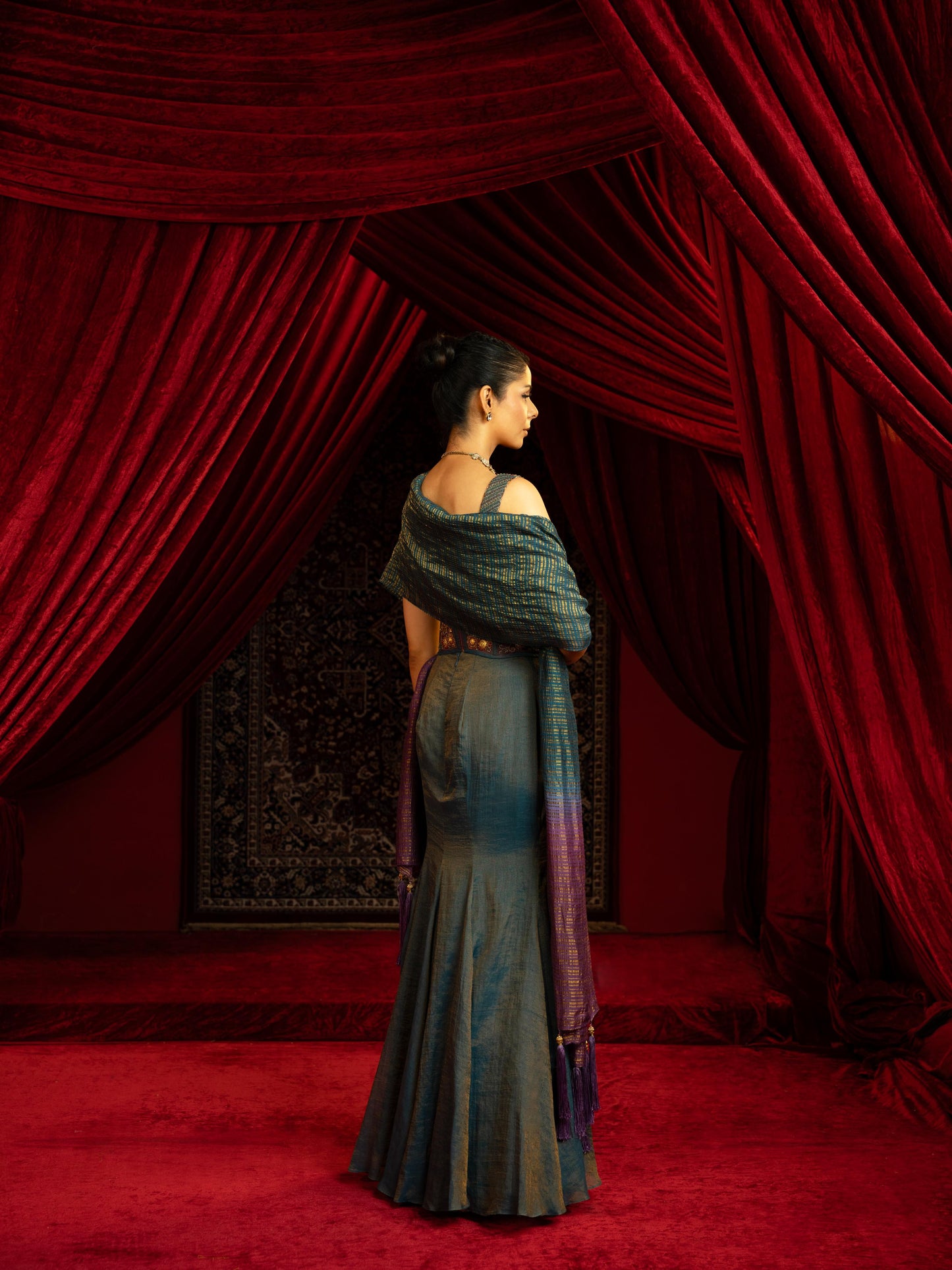 TEAL BLUE FISHCUT SKIRT SET WITH QUILTED BLOUSE, EMBROIDERED BELT & OMBRÉ DUPATTA