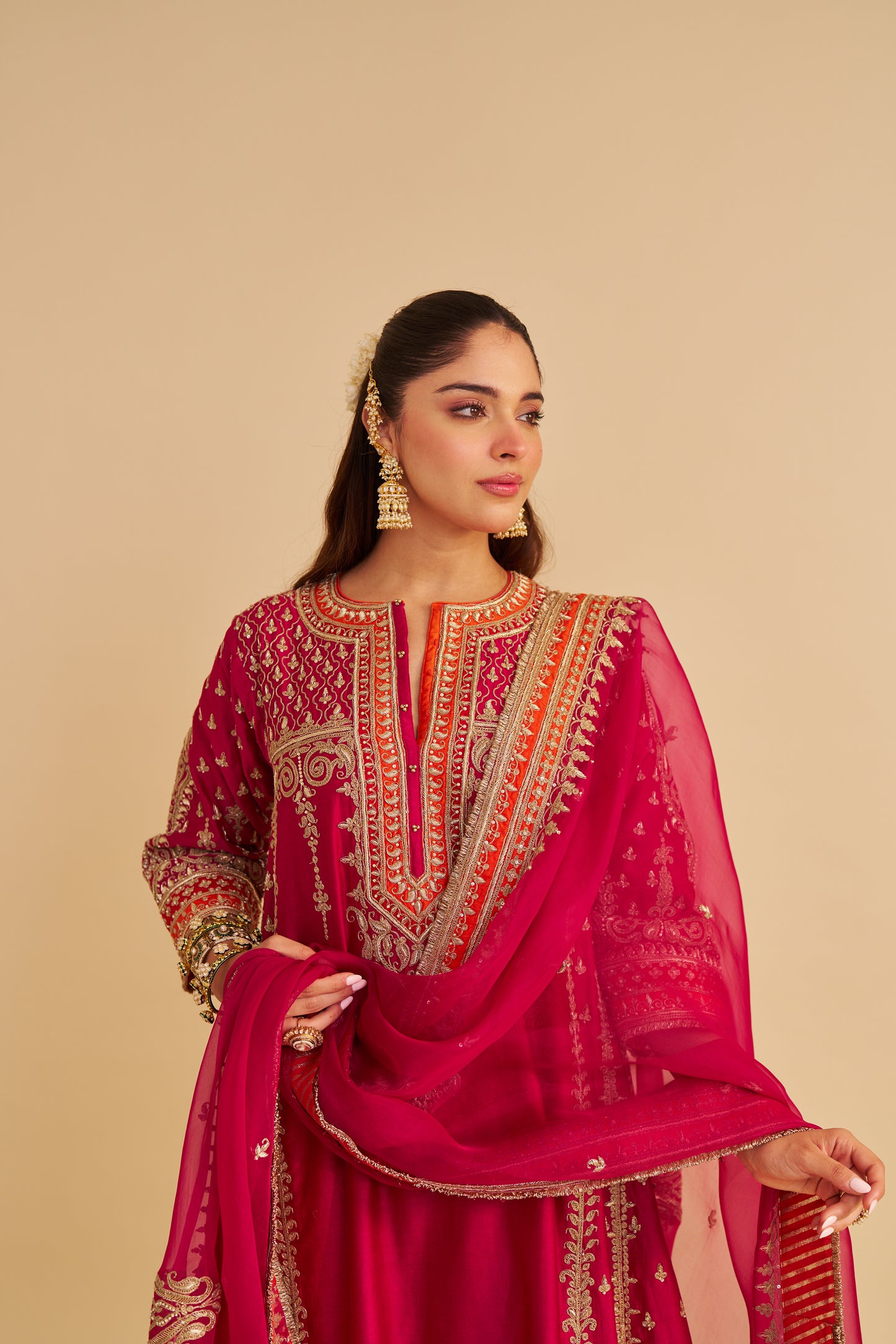 NARGIS - DABKA ZARDOZI EMBROIDERED RICH BANARASI KALIDAAR HOTPINK LONG CHAUGA SET