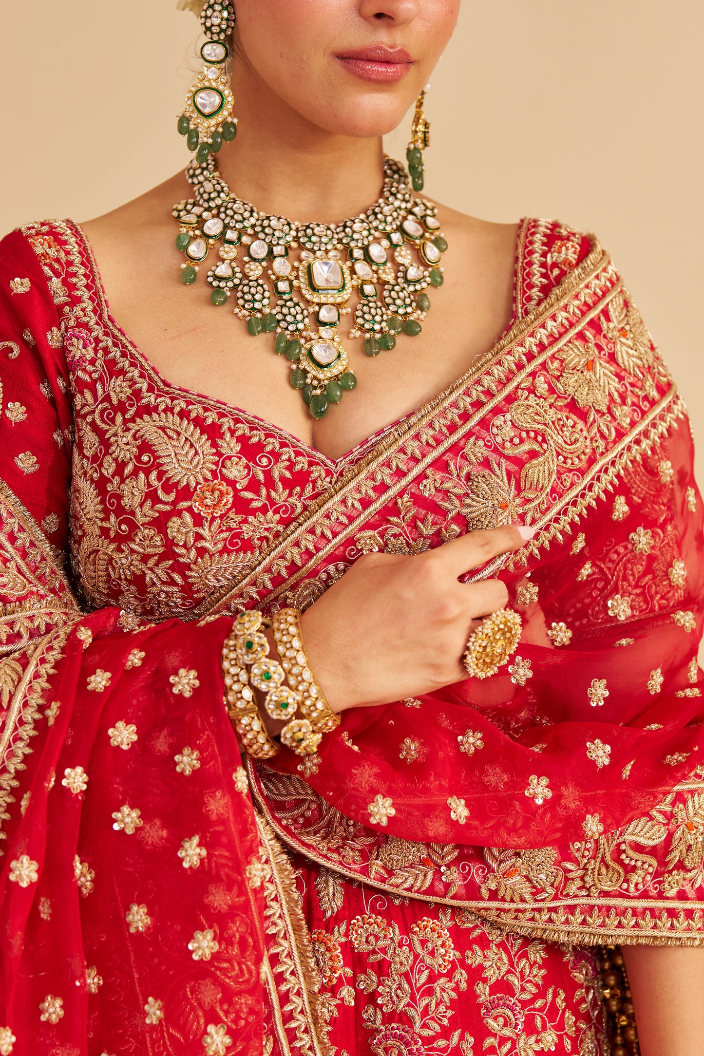 SANAA - DABKA ZARDOZI EMBROIDERED RAW SILK RED BRIDAL LEHENGA SET