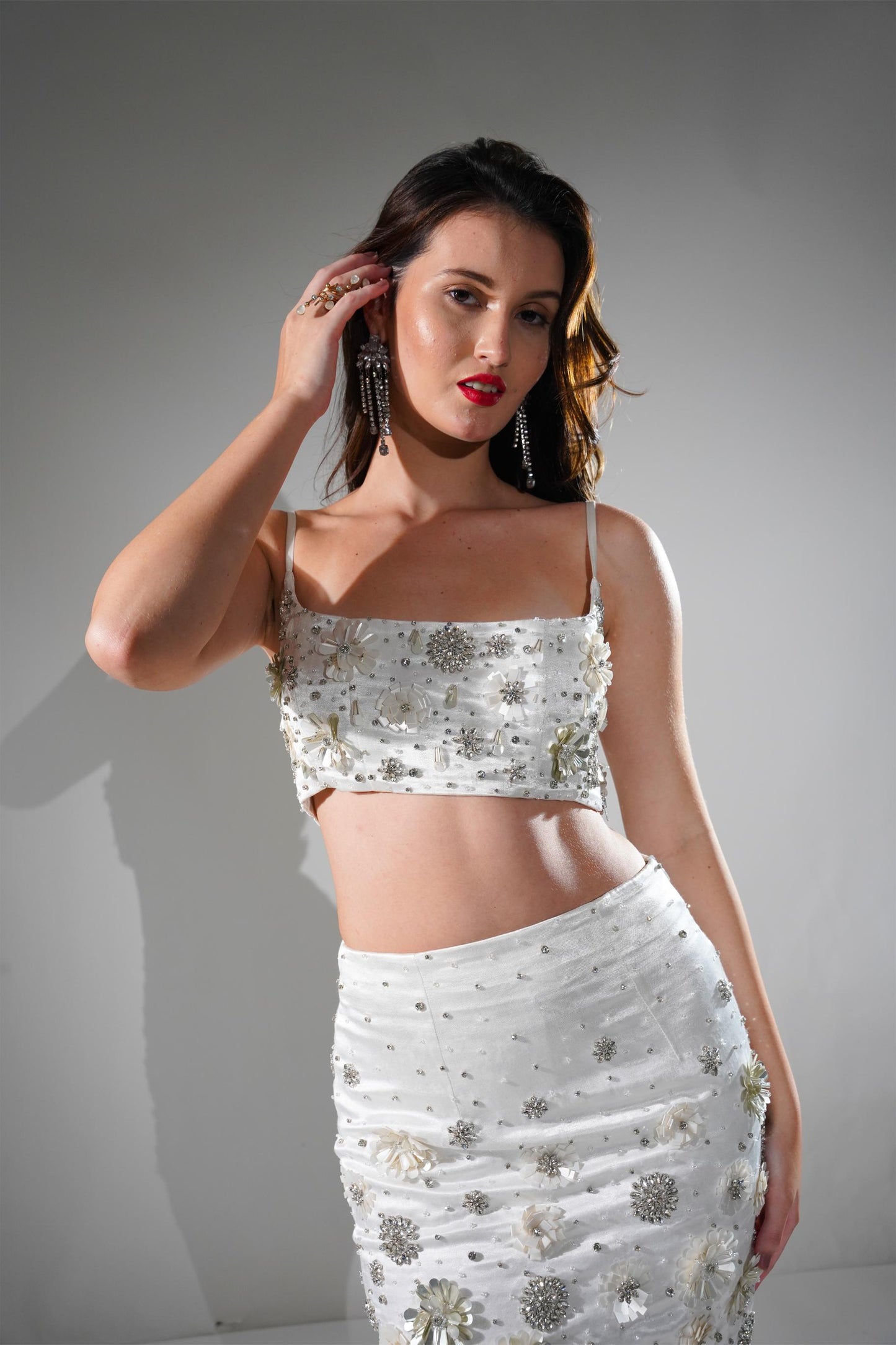 CHARLOTTE WHITE FLORAL SEQUIN EMBELLISHED MINI CO-ORD SET