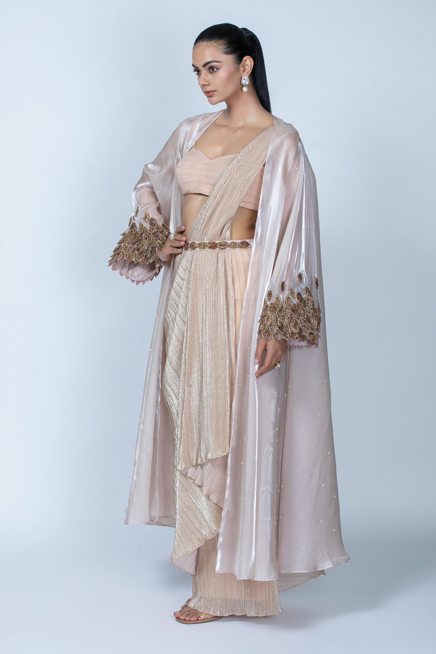 PEACH PLEATED SAREE WITH CAPE