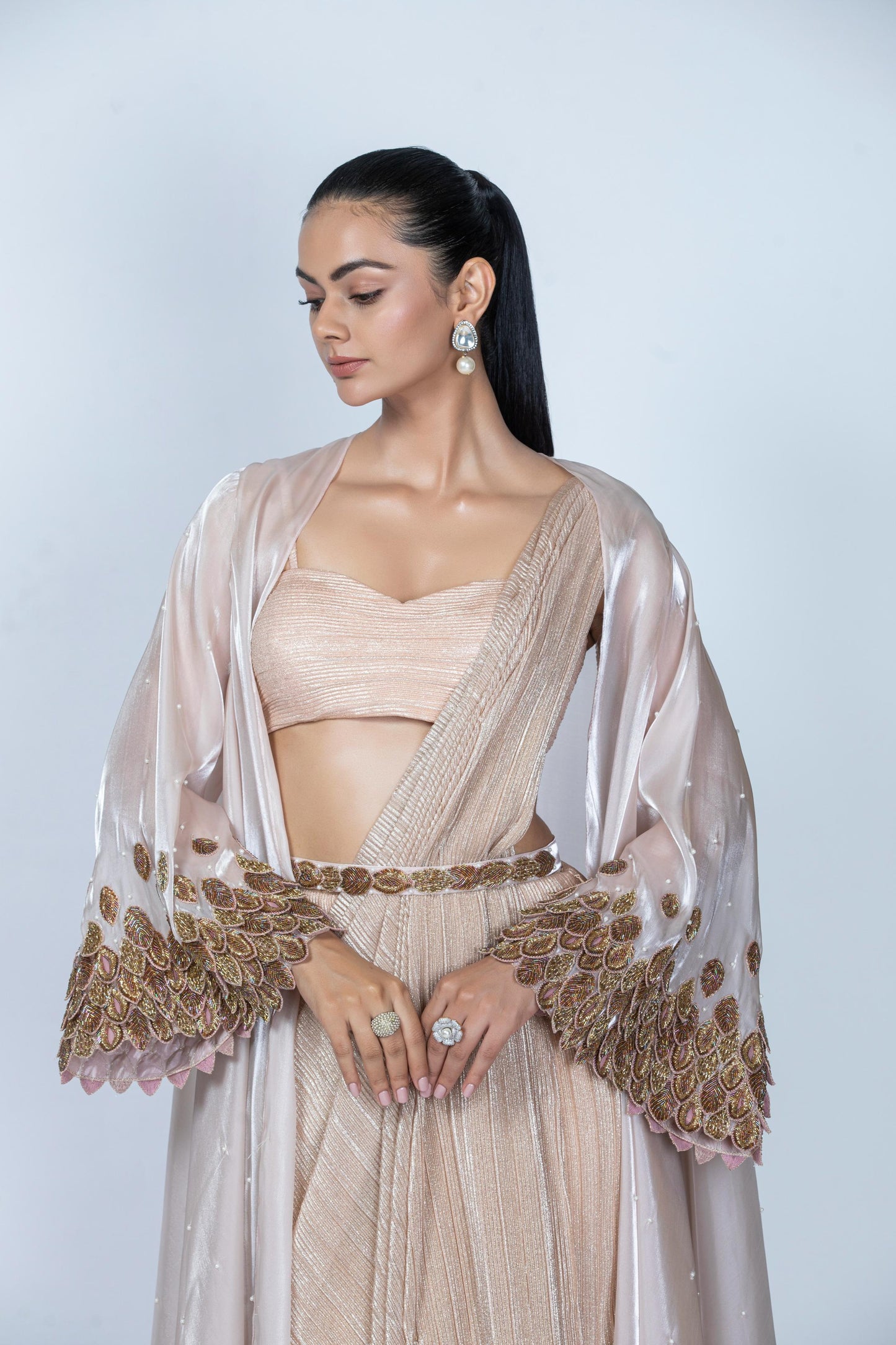 PEACH PLEATED SAREE WITH CAPE