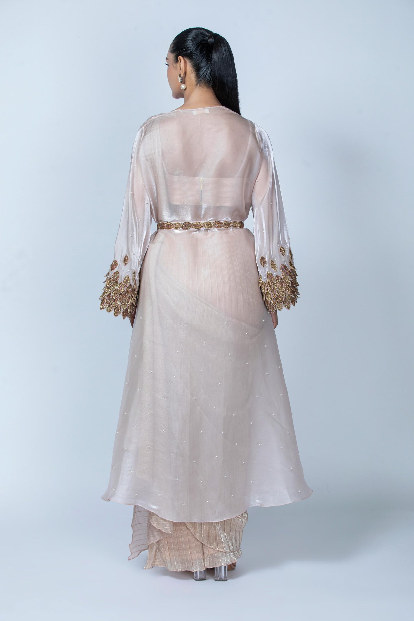 PEACH PLEATED SAREE WITH CAPE