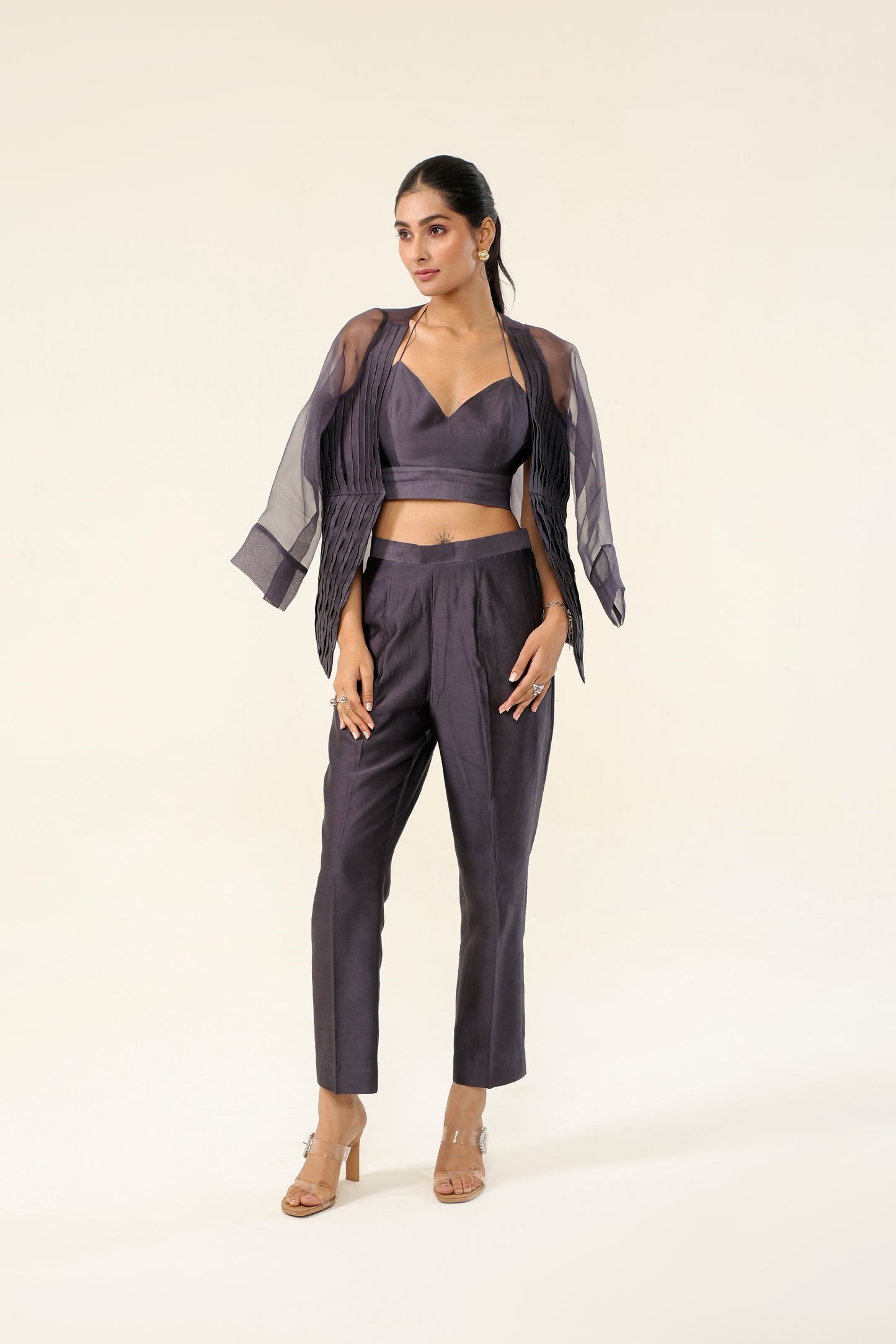 CHARCOAL GREY PLEATED SHORT COAT SET