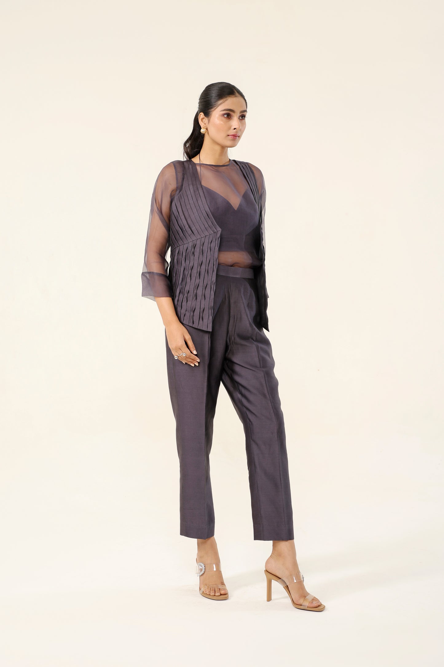 CHARCOAL GREY PLEATED SHORT COAT SET