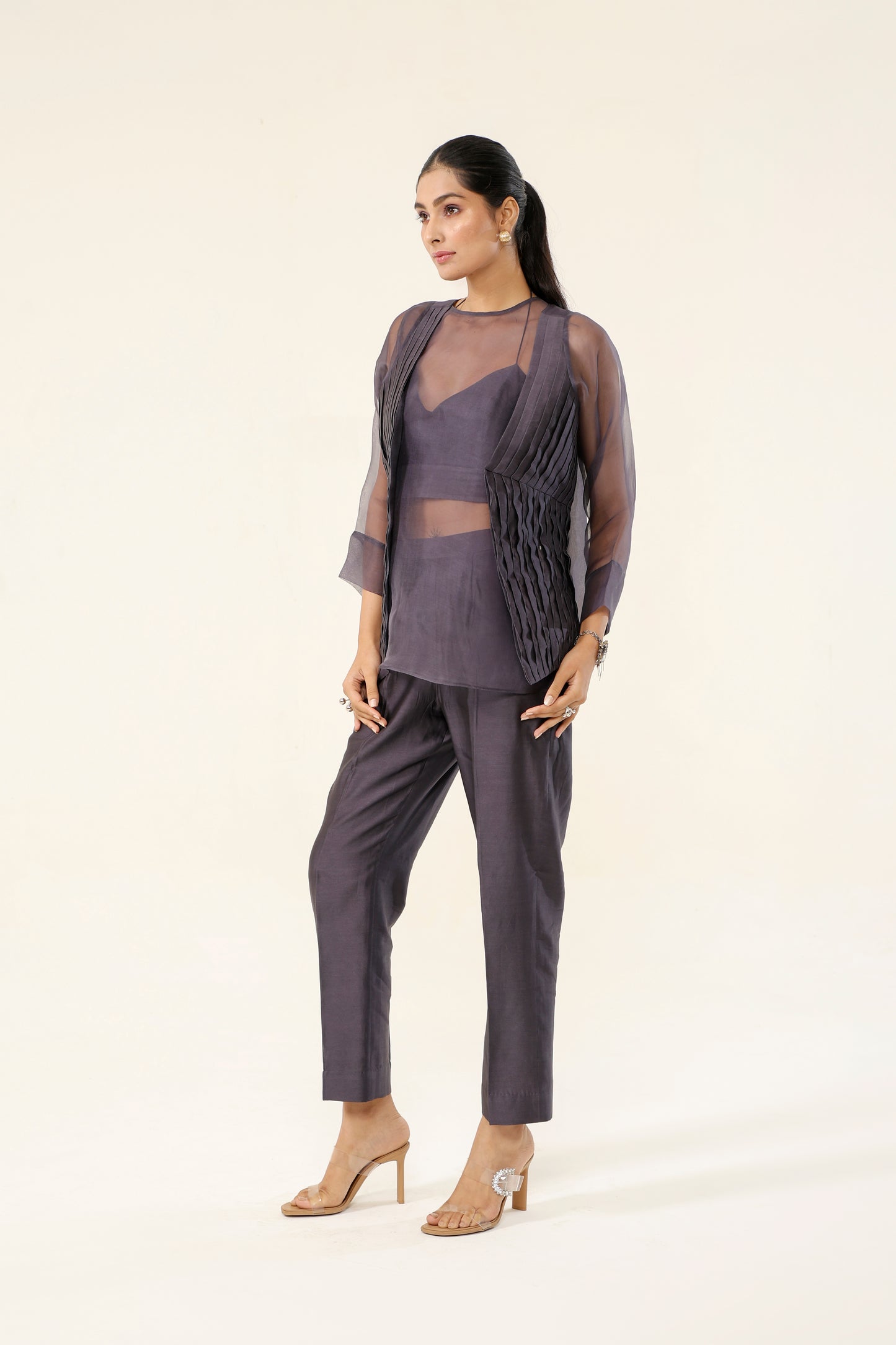 CHARCOAL GREY PLEATED SHORT COAT SET