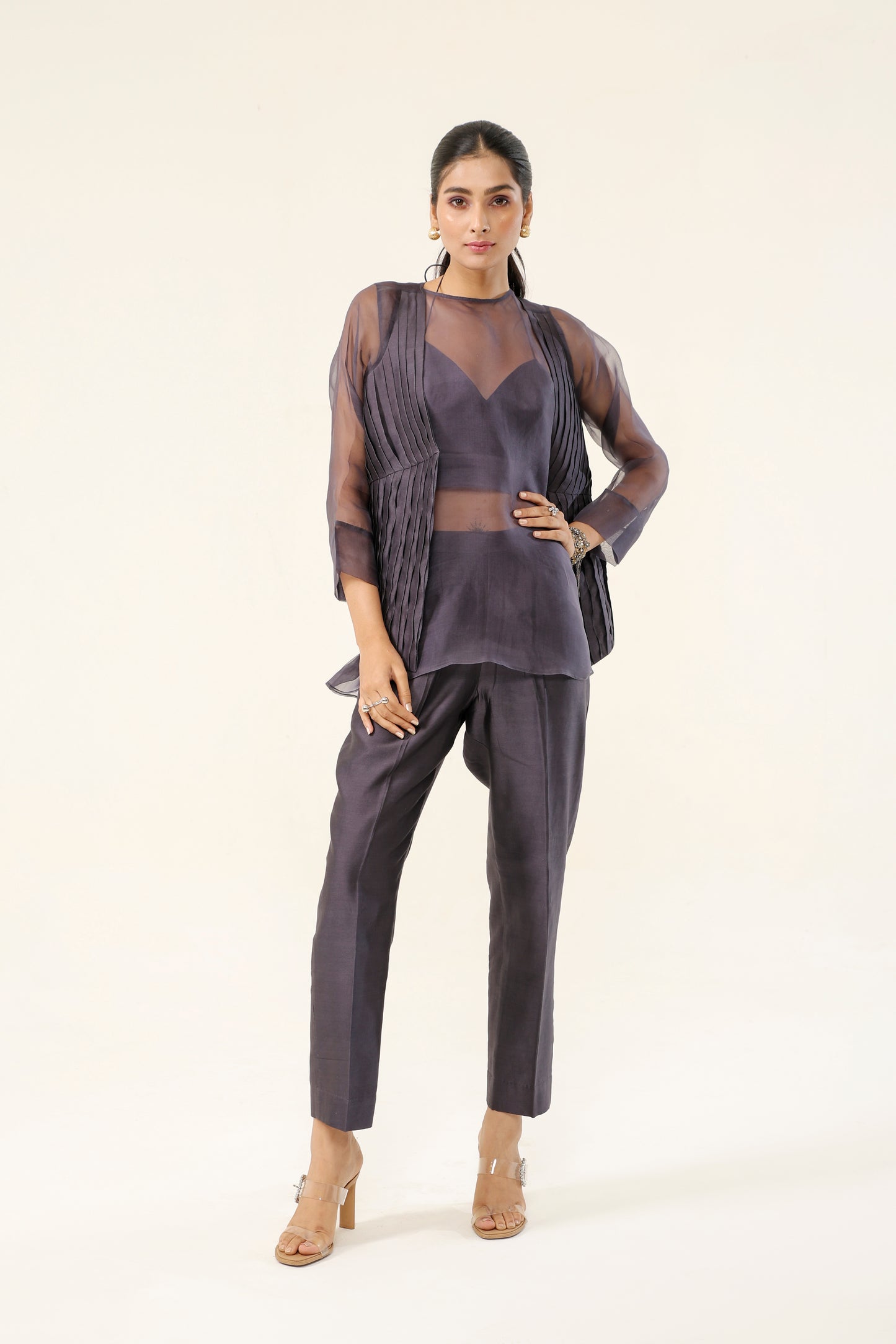 CHARCOAL GREY PLEATED SHORT COAT SET