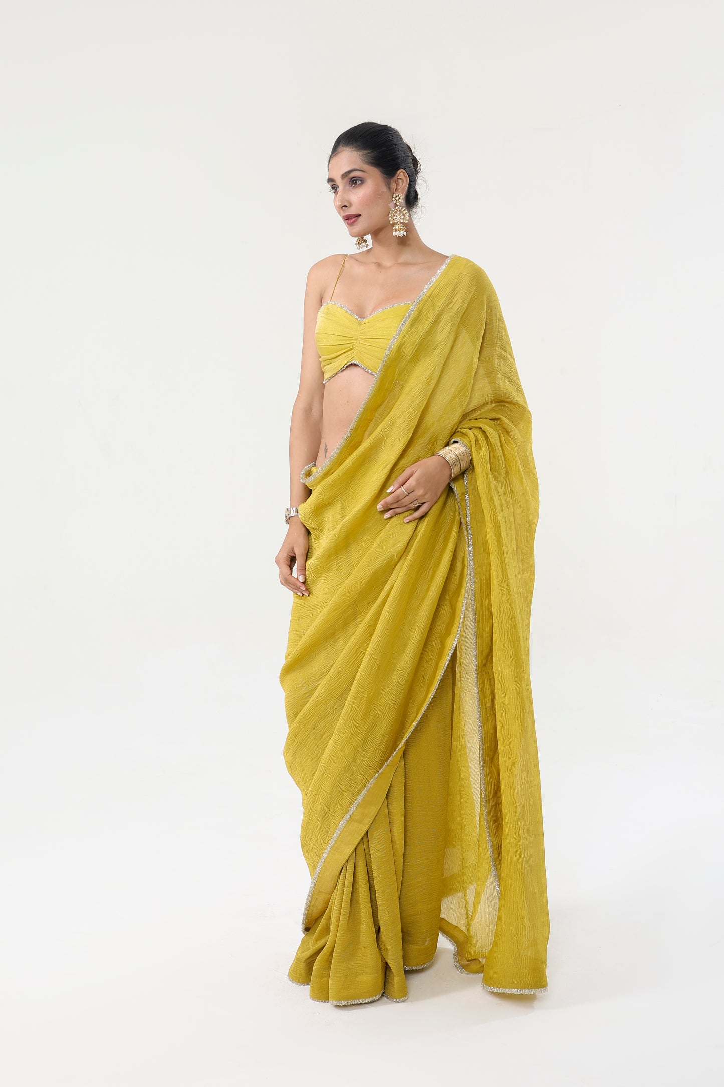 GOLD YELLOW CRUSHED TISSUE CREPE SAREE
