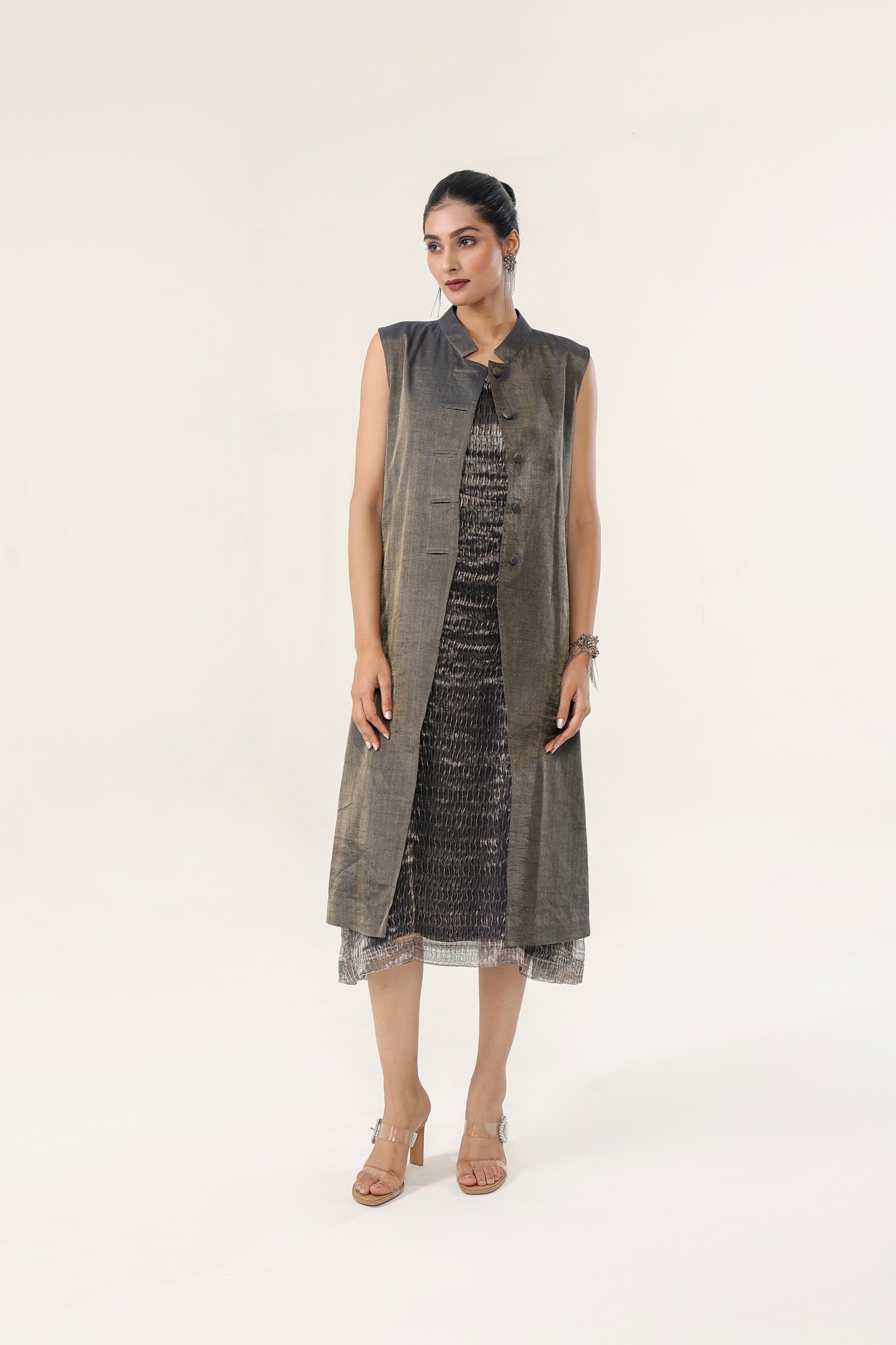 METALLIC NAVY BLUE DOUBLE COAT DRESS SET