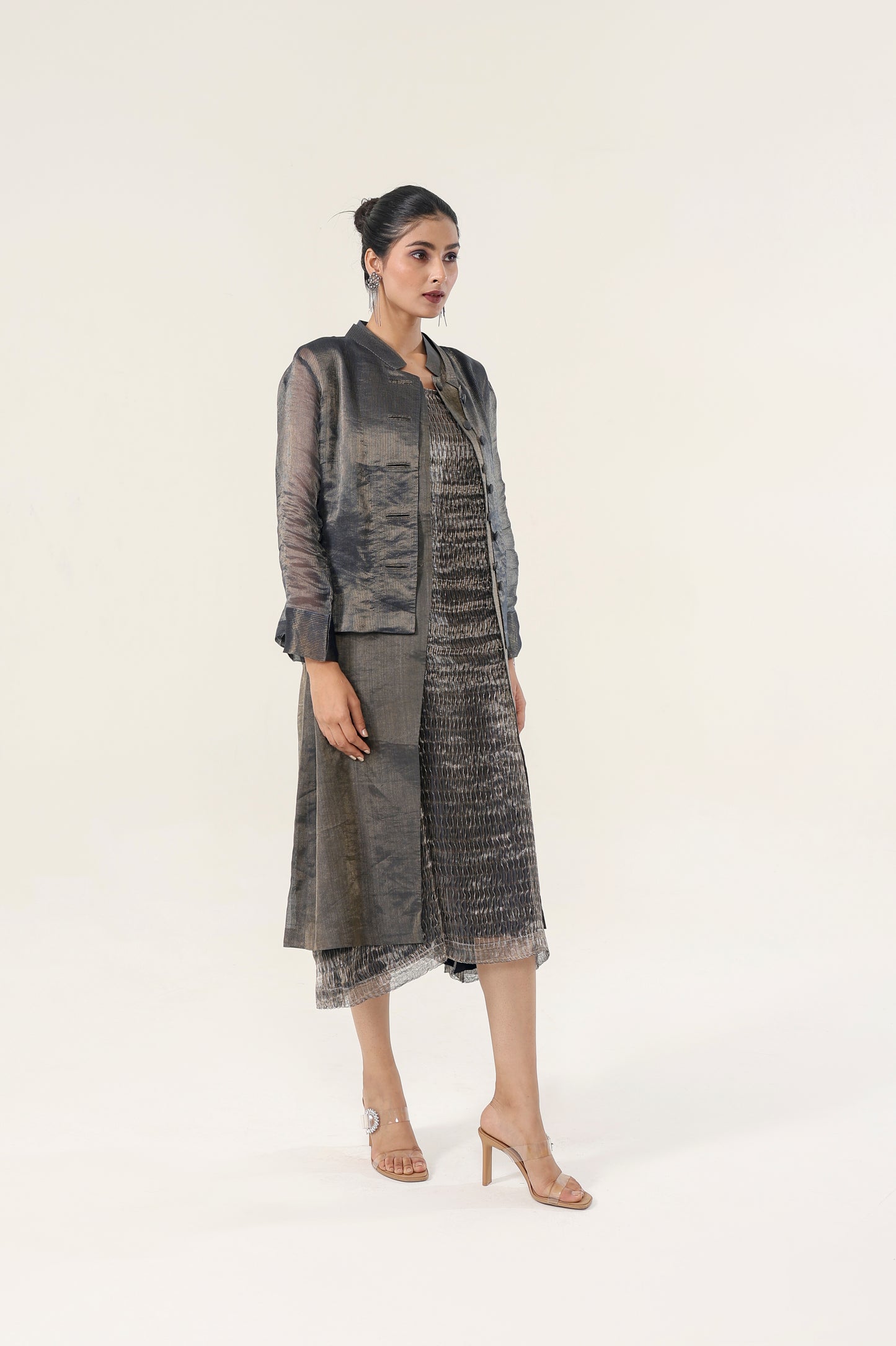 METALLIC NAVY BLUE DOUBLE COAT DRESS SET