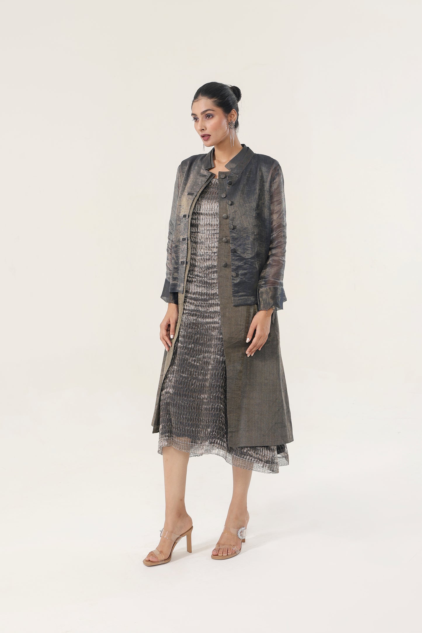 METALLIC NAVY BLUE DOUBLE COAT DRESS SET