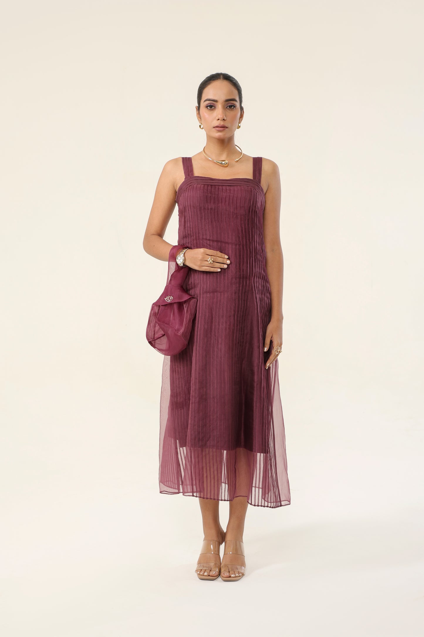 CLARET WINE PLEATED DRESS AND DOUBLE COAT SET
