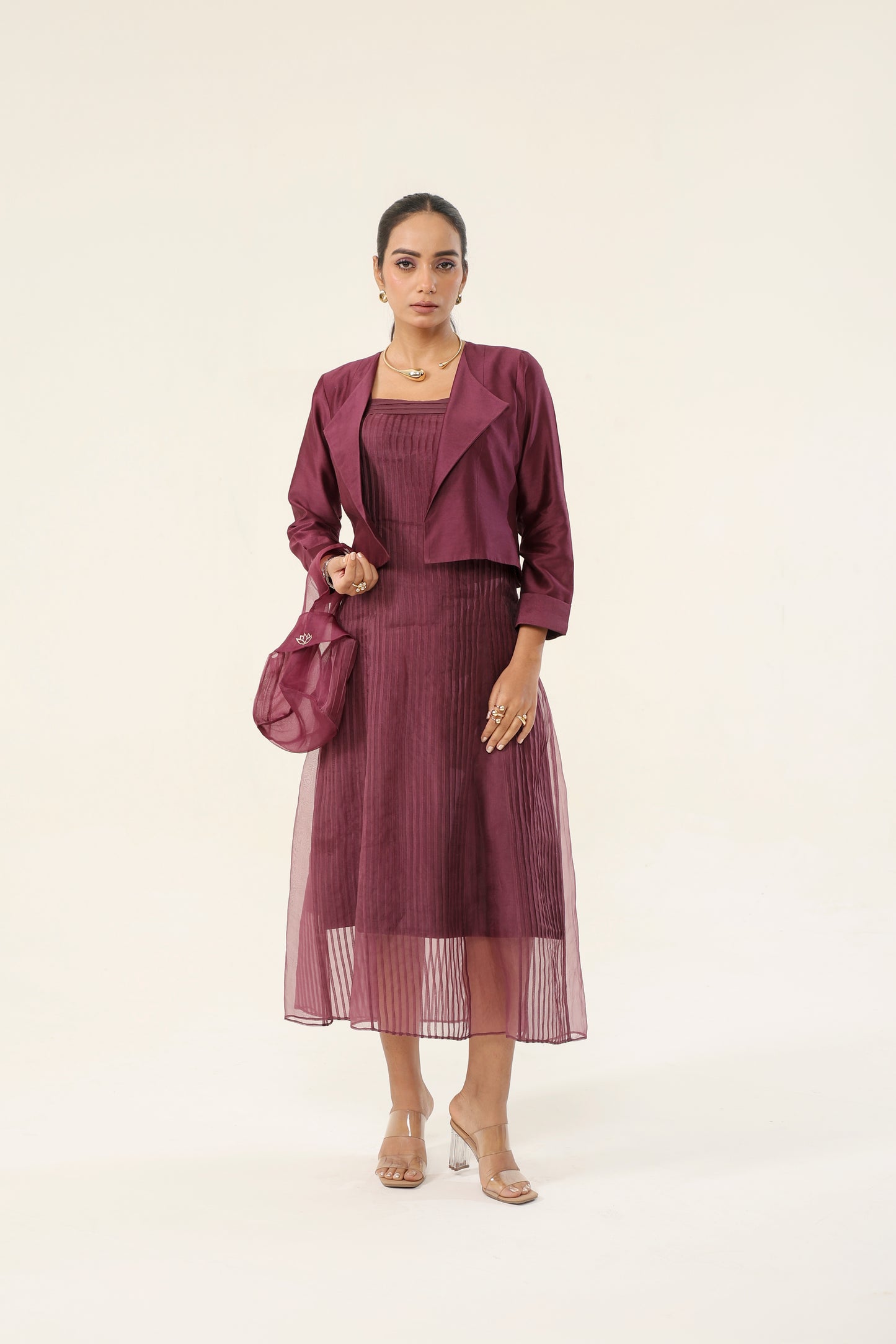 CLARET WINE PLEATED DRESS AND DOUBLE COAT SET