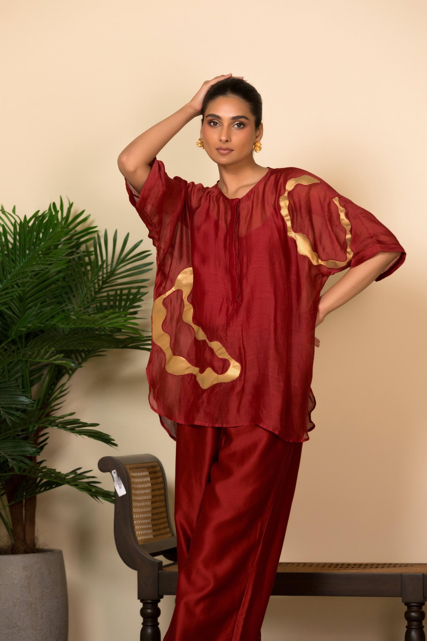 EEDA ASYMMETRICAL PATCHWORK SILK SHIRT SET