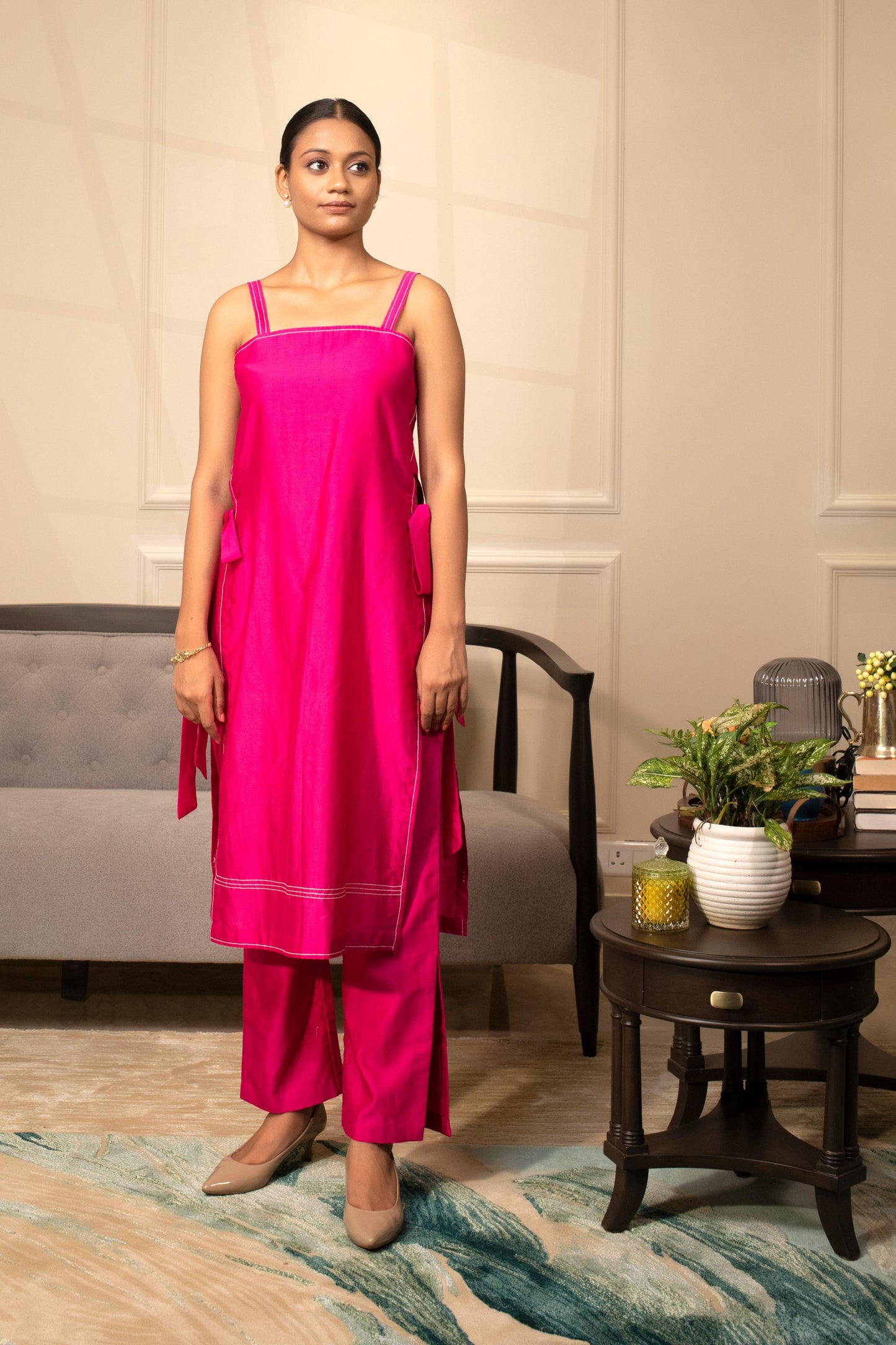 PINK STRAPPY KURTA SET